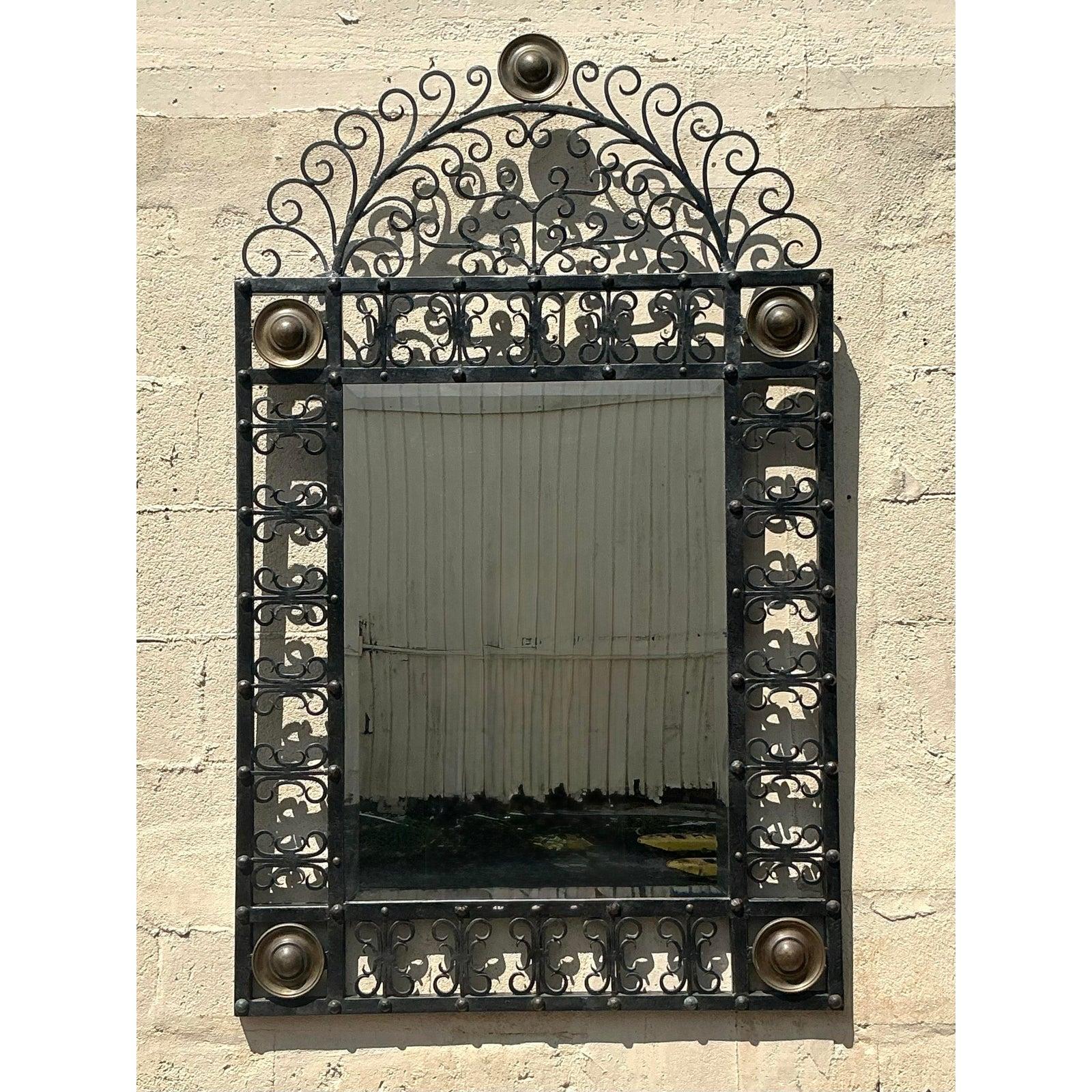 Américain Miroir Vintage Boho en Fer Forgé en vente