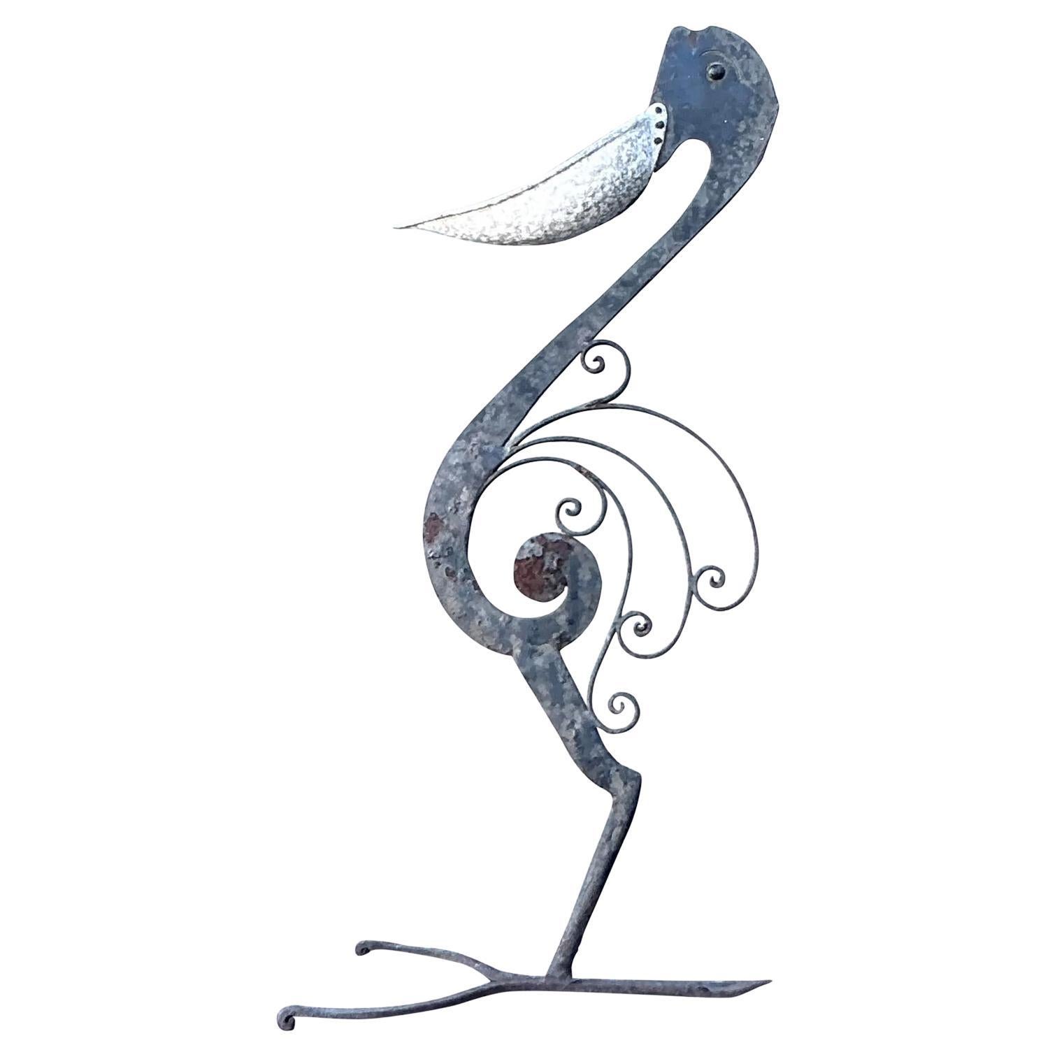 Sculpture Pélican Vintage Boho en fer forgé
