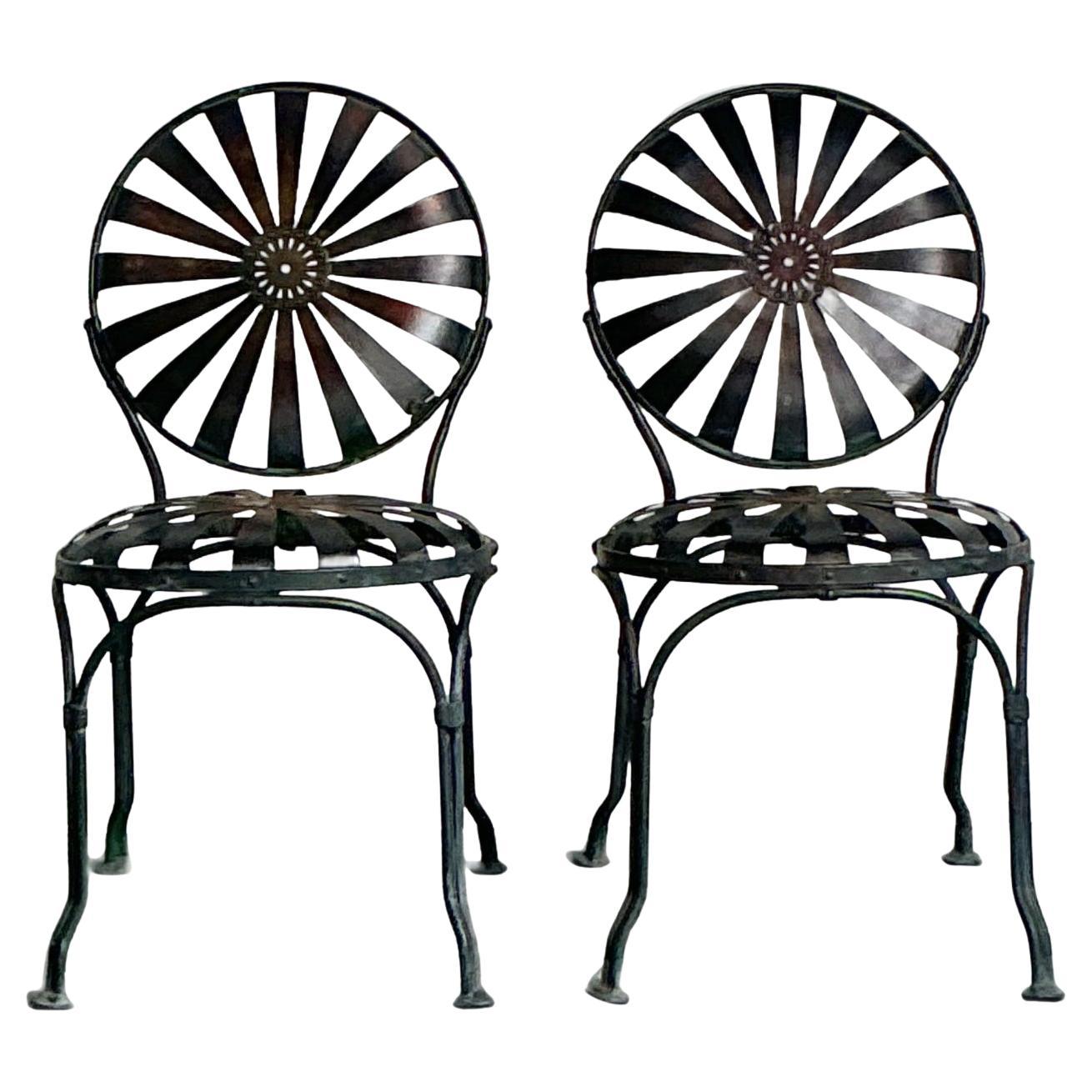 Vintage Boho Wrought Iron “Sunburst” Dining Chairs After Francois Carre - A Pair For Sale