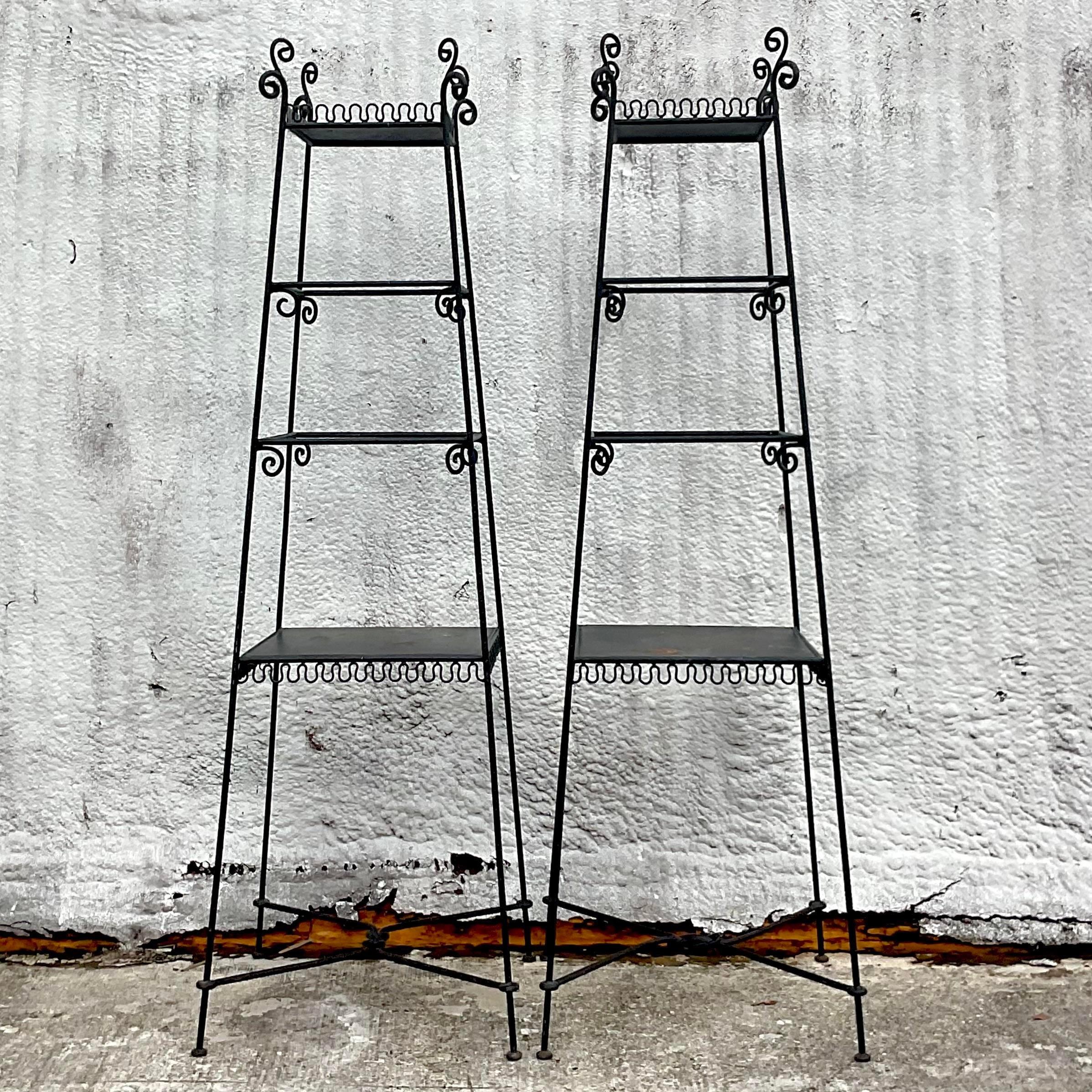 20th Century Vintage Boho Wrought Iron Tapered Squiggle Etagere - a Pair For Sale