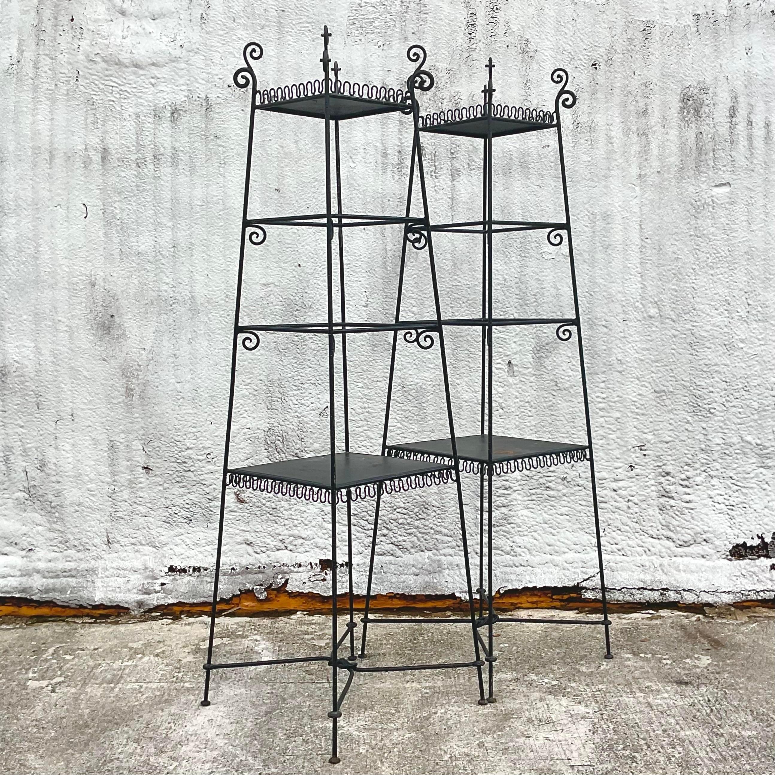 Vintage Boho Wrought Iron Tapered Squiggle Etagere - a Pair For Sale 1