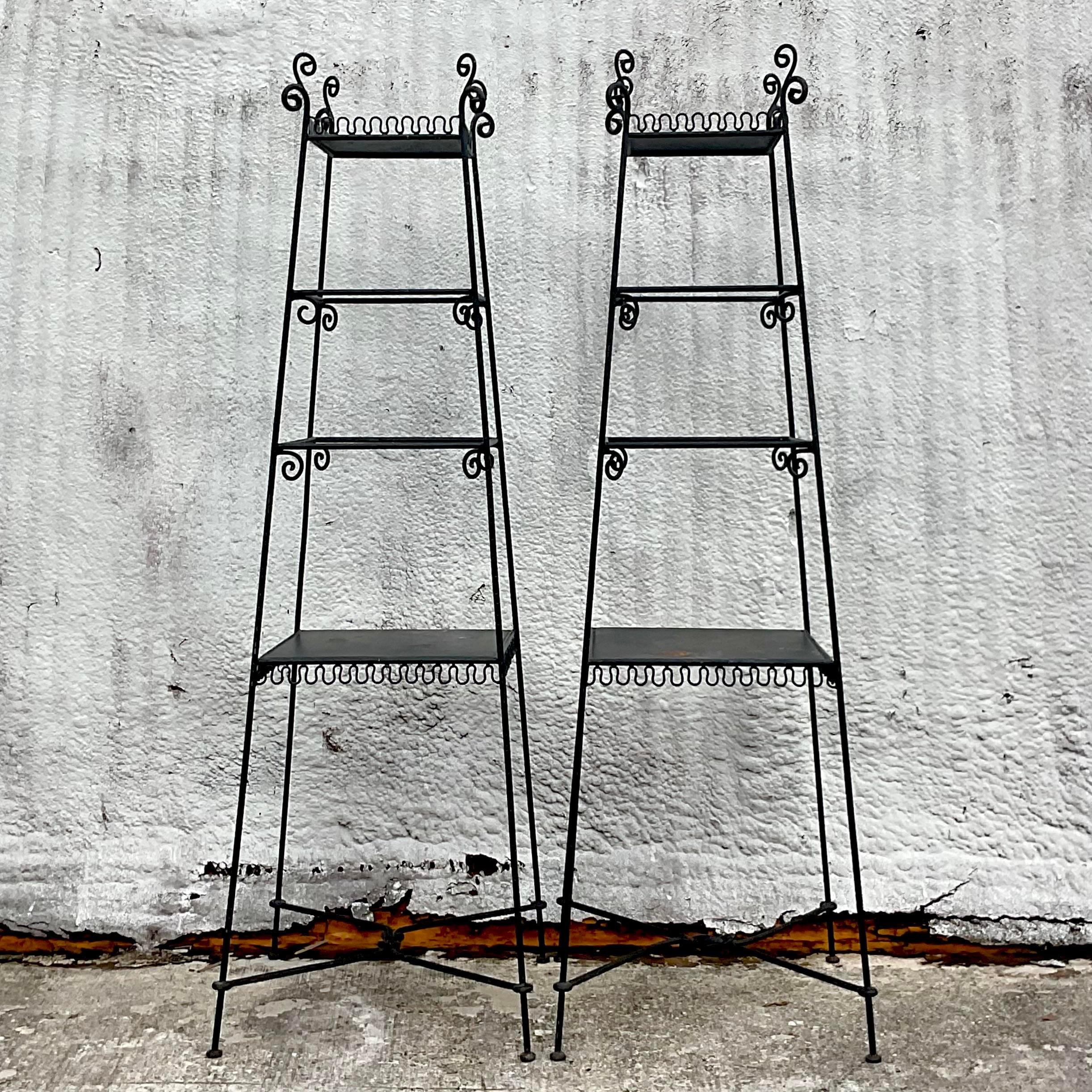 Vintage Boho Wrought Iron Tapered Squiggle Etagere - a Pair For Sale 2
