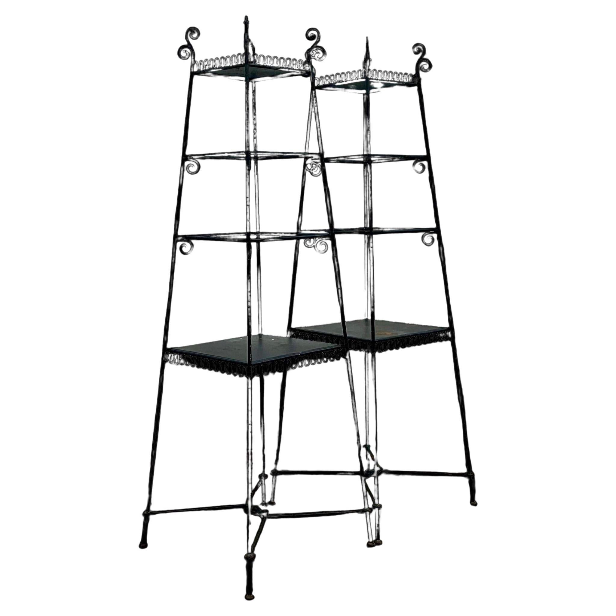Vintage Boho Wrought Iron Tapered Squiggle Etagere - a Pair For Sale