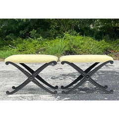 Vintage Boho Wrought Iron X Benches - a Pair