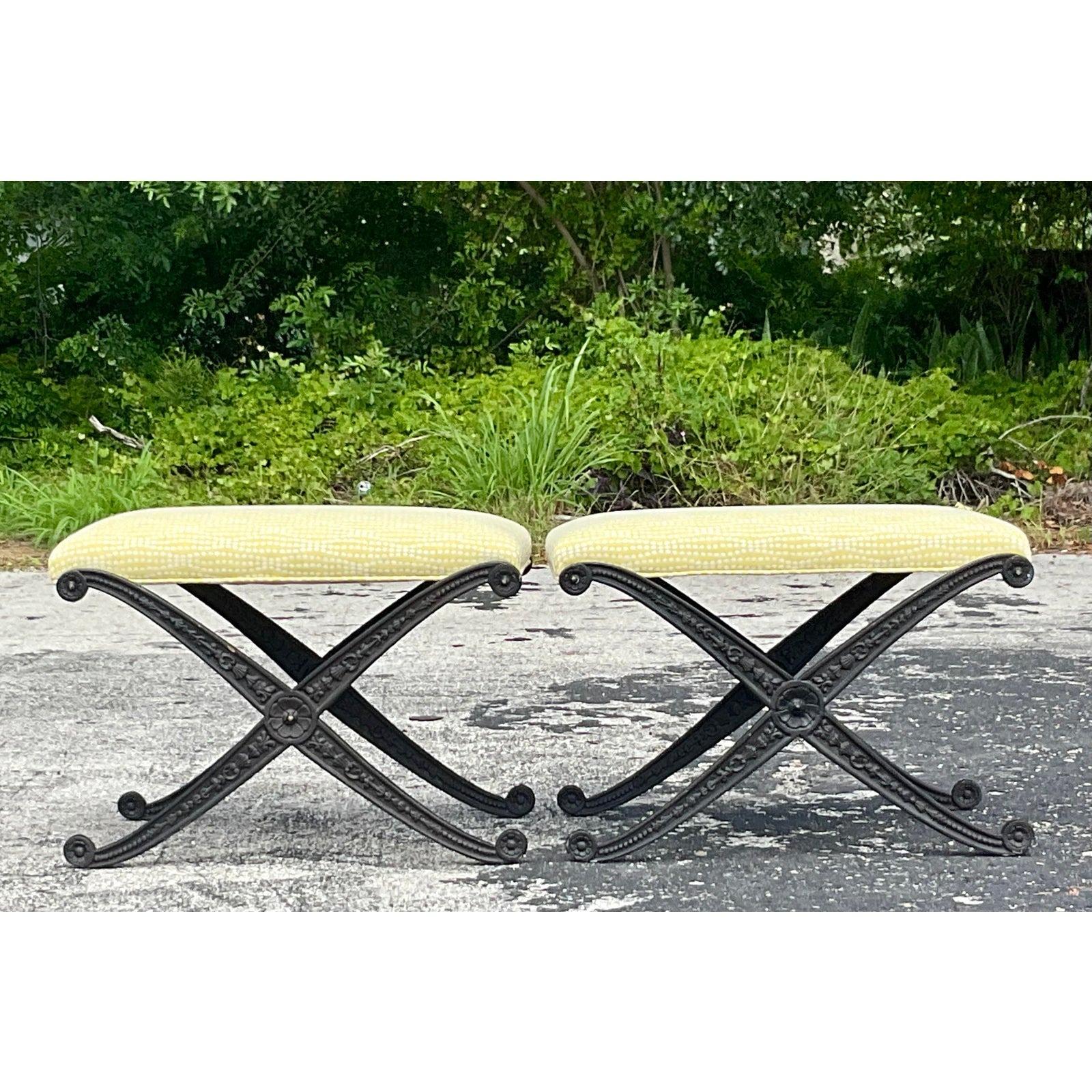 North American Vintage Boho Wrought Iron X Benches - a Pair