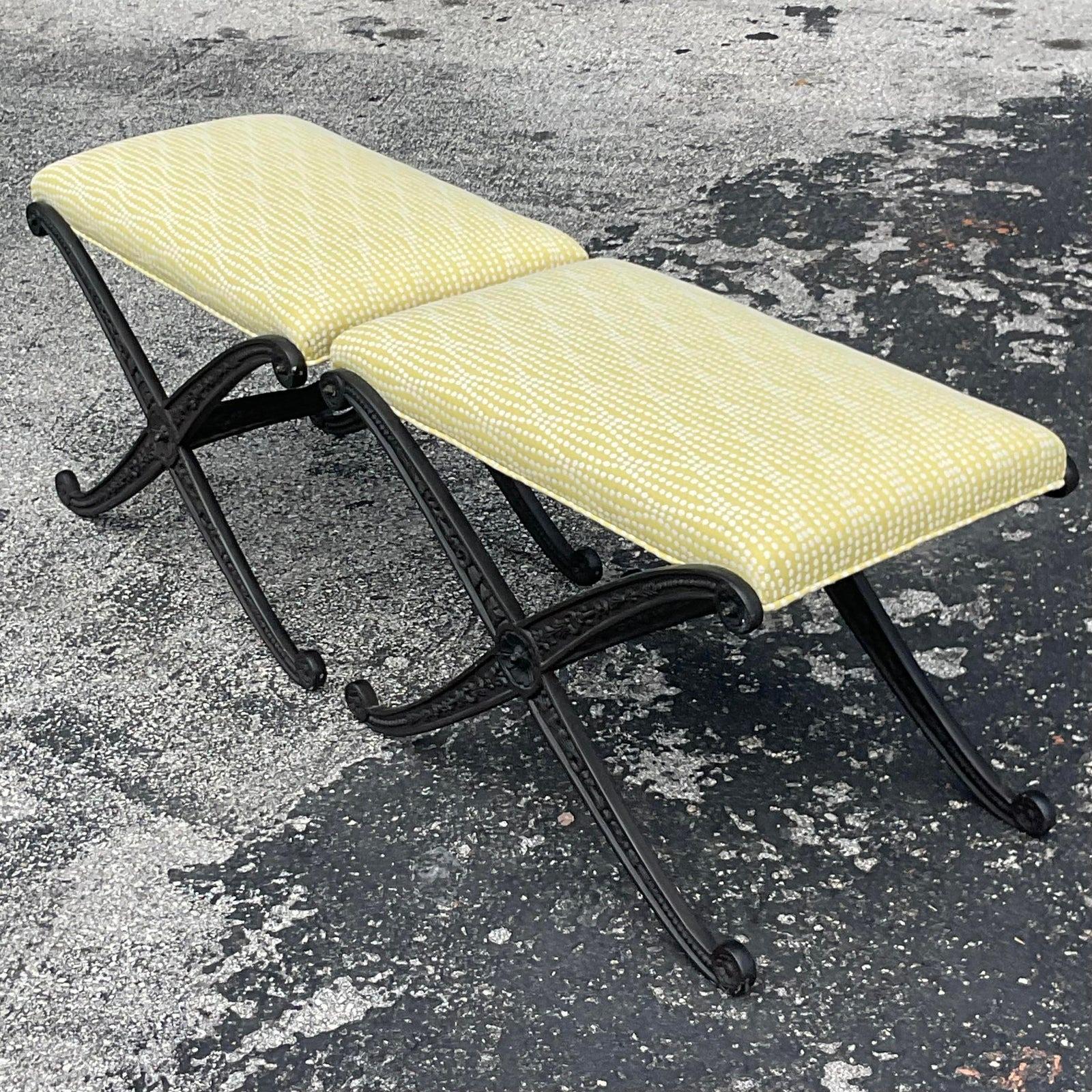 Vintage Boho Wrought Iron X Benches - a Pair In Good Condition In West Palm Beach, FL