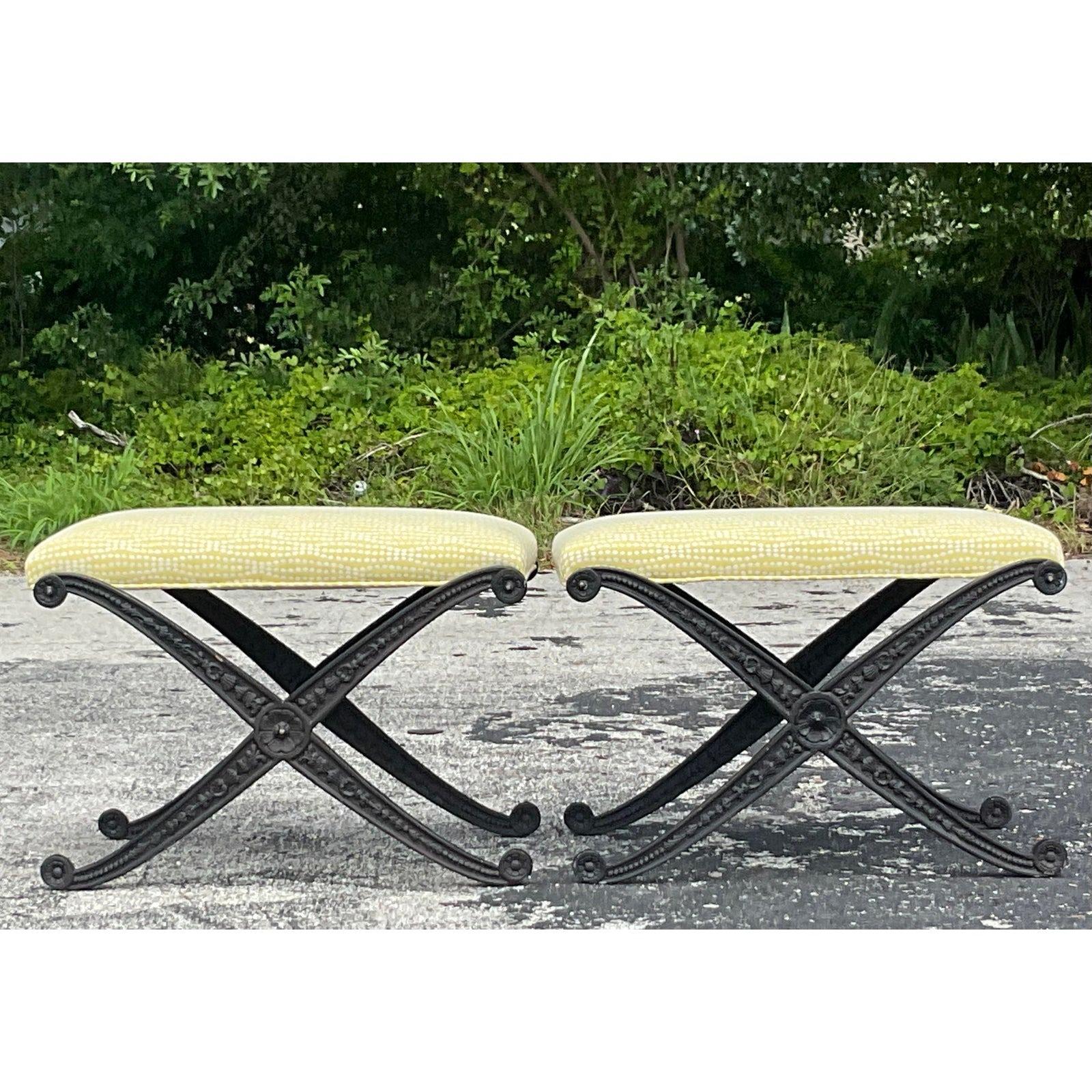 Vintage Boho Wrought Iron X Benches - a Pair 2