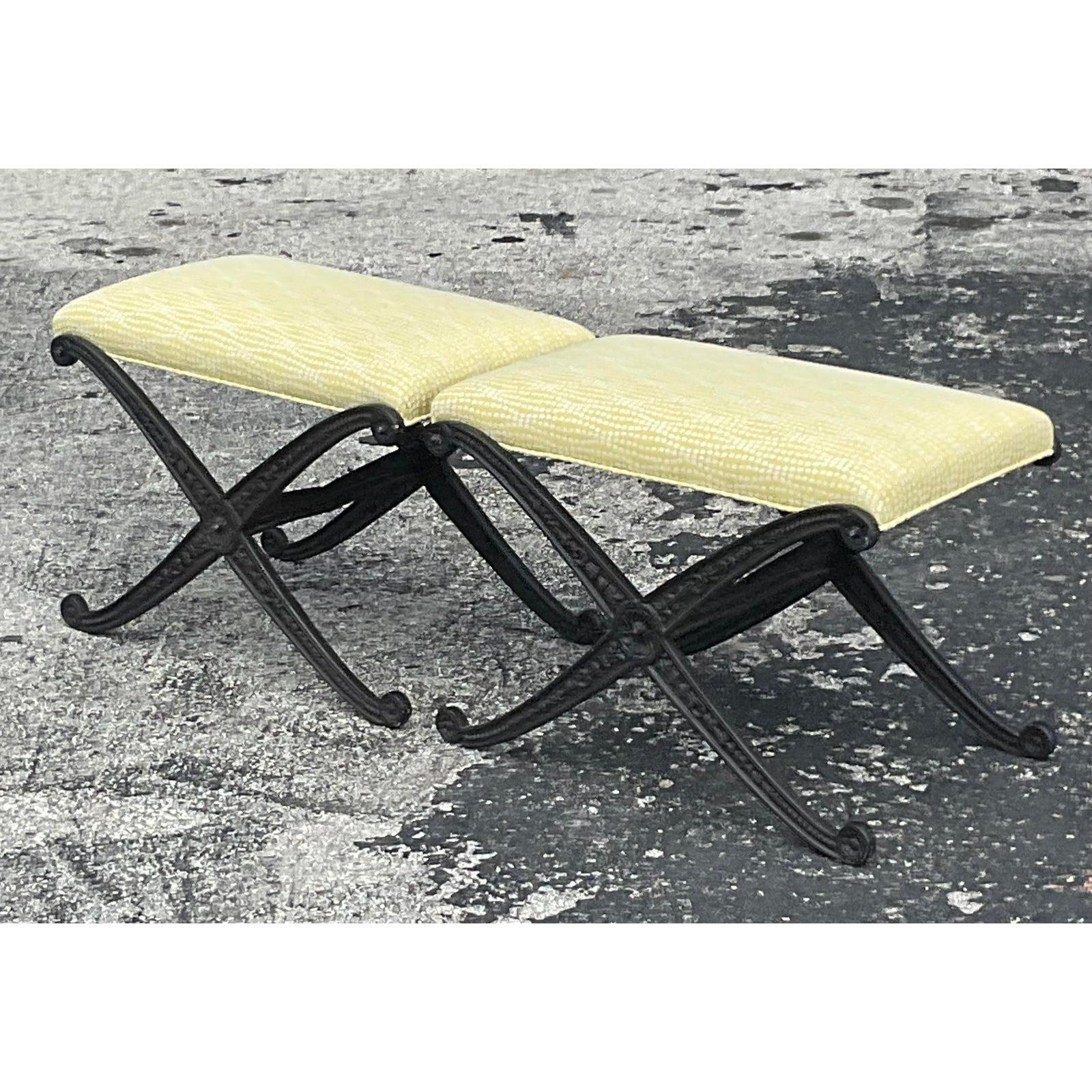 Vintage Boho Wrought Iron X Benches - a Pair 3