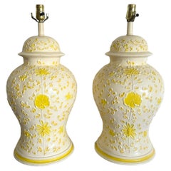 Vintage Boho Yellow Floral Table Lamps - a Pair