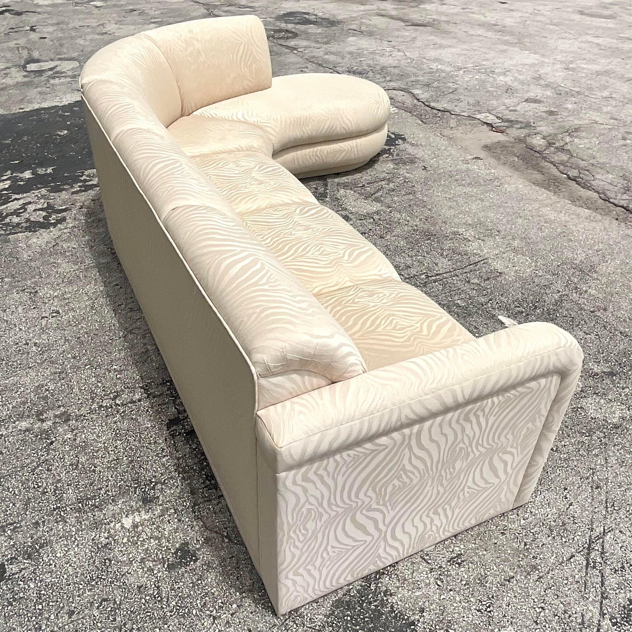 Vintage Boho Zebra Jacquard Biomorphic Sectional Sofa In Good Condition For Sale In west palm beach, FL