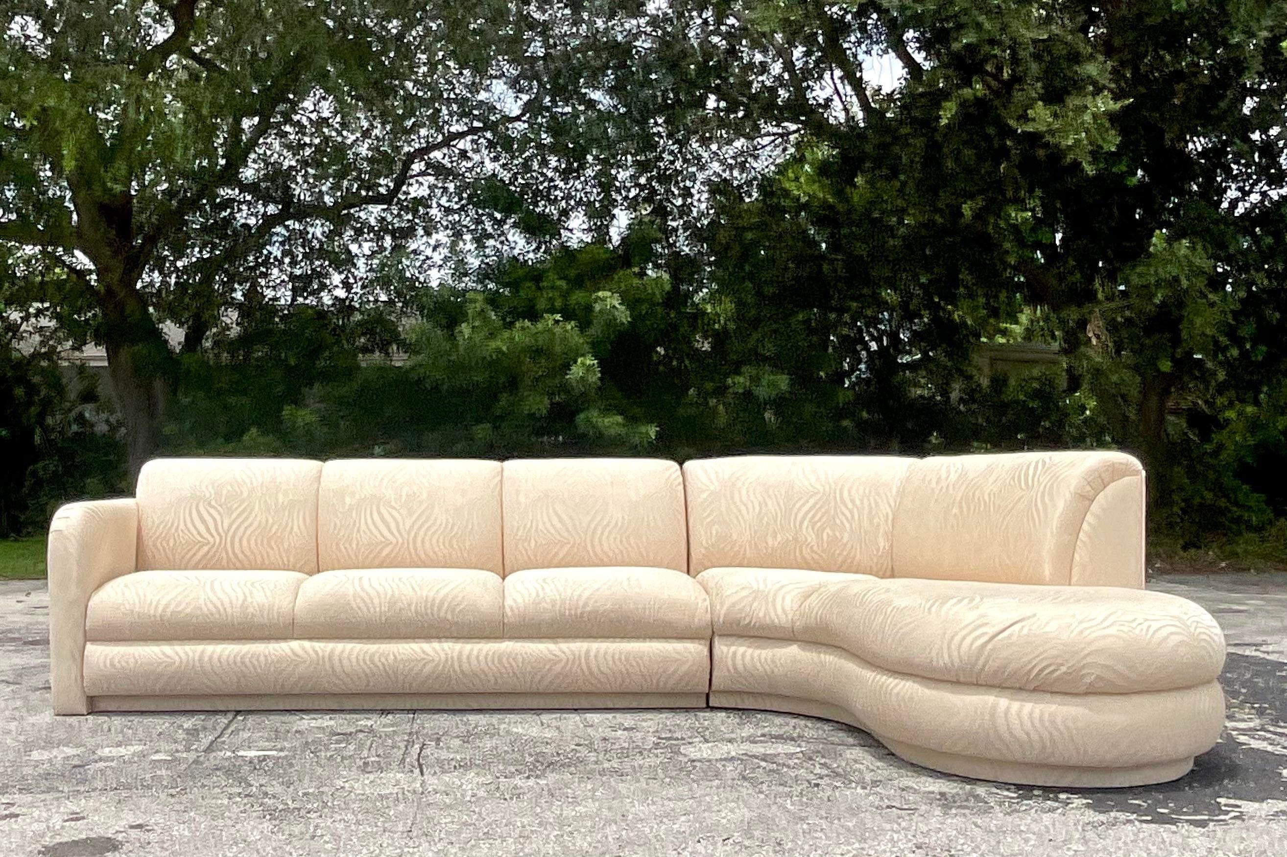 Fabric Vintage Boho Zebra Jacquard Biomorphic Sectional Sofa For Sale