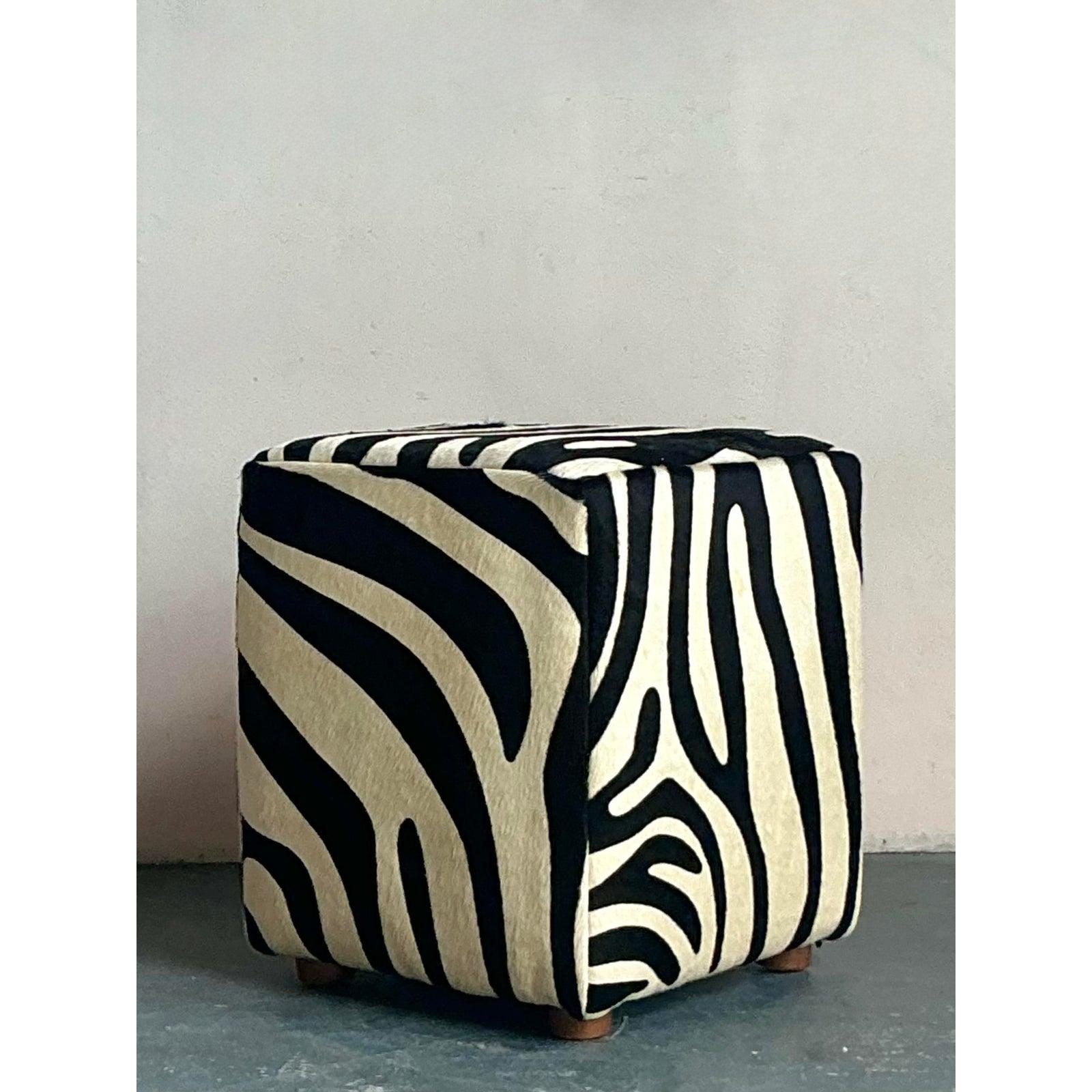 Mid-Century Modern Vintage Boho Zebra Ottoman For Sale