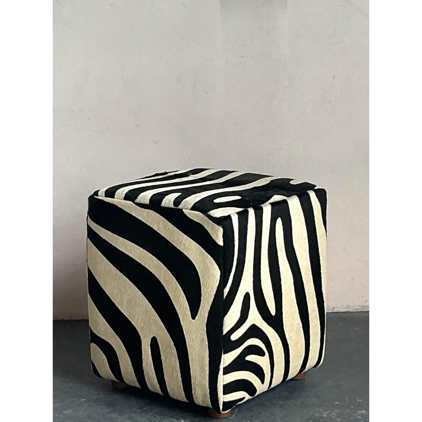 Vintage Boho Zebra Ottoman In Good Condition For Sale In West Palm Beach, FL