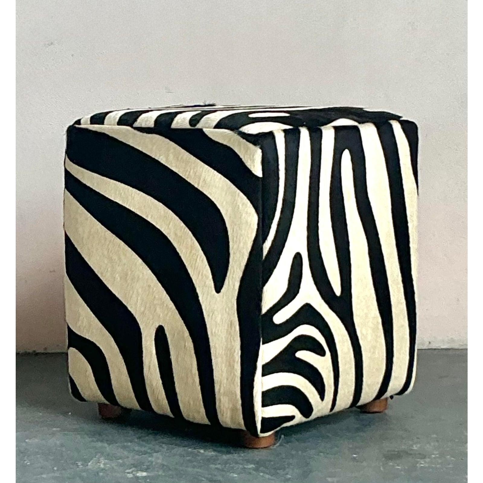 Hide Vintage Boho Zebra Ottoman For Sale