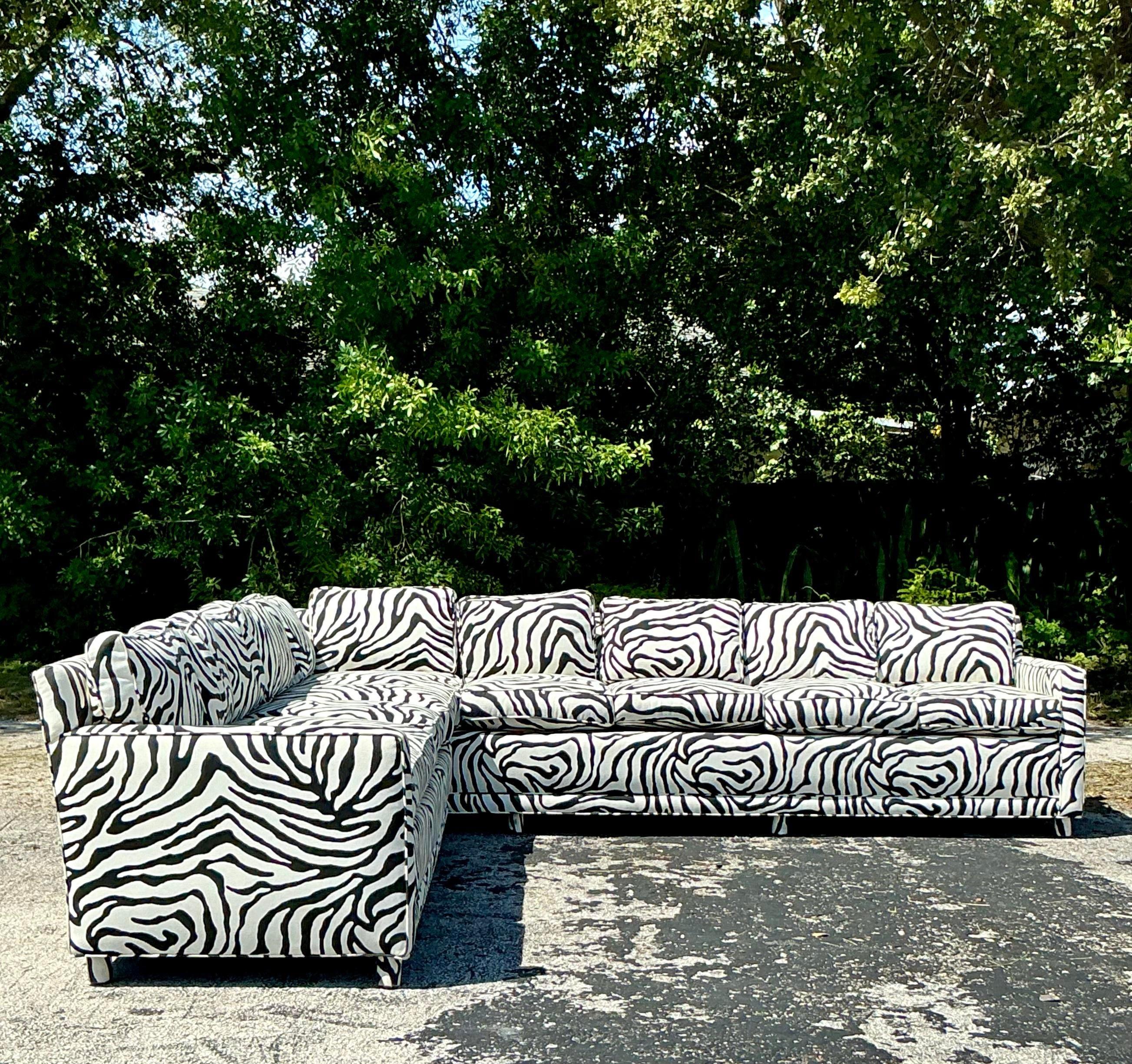 Vintage Boho Zebra Stripe Custom Parsons Sectional Sofa 4