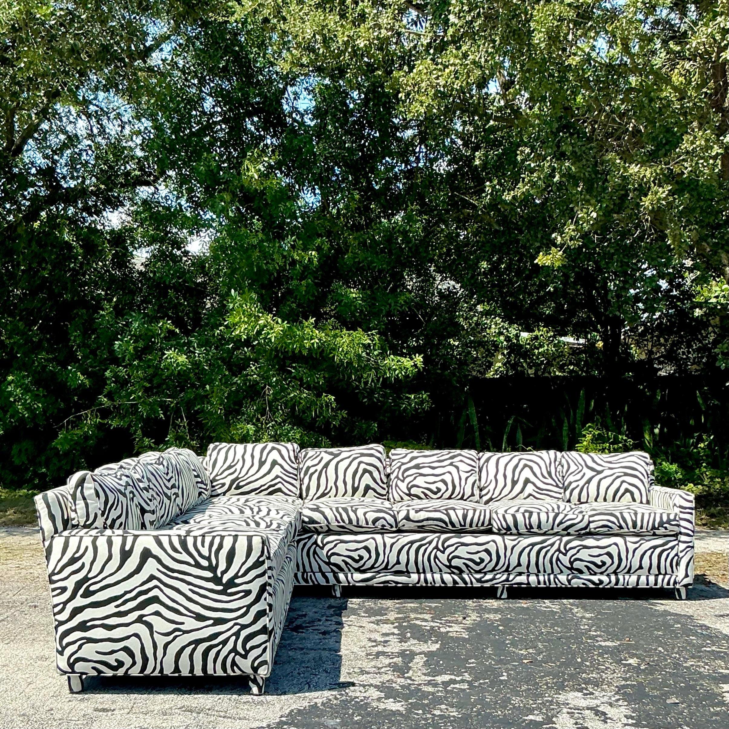 Vintage Boho Zebra Stripe Custom Parsons Sectional Sofa 5