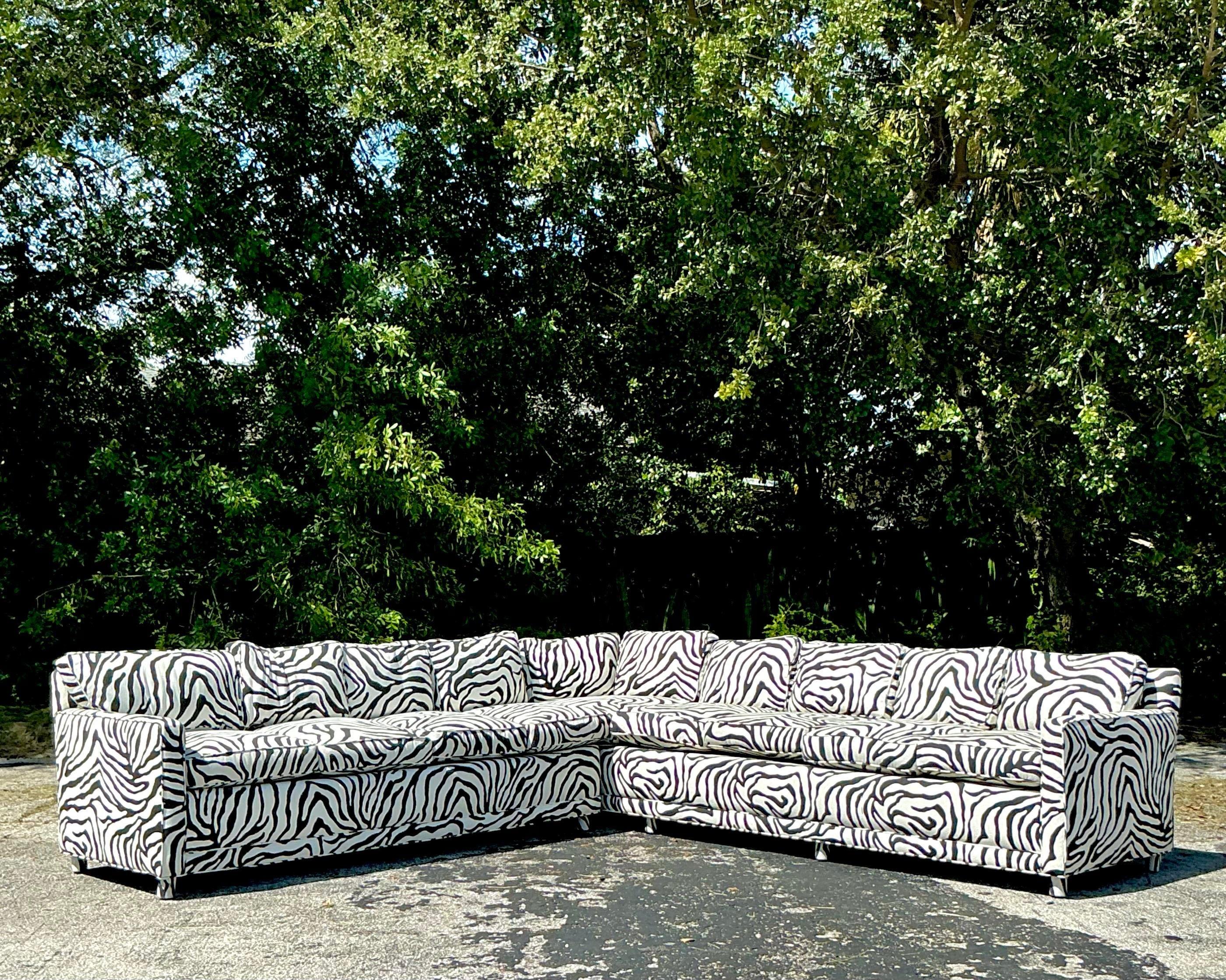 American Vintage Boho Zebra Stripe Custom Parsons Sectional Sofa