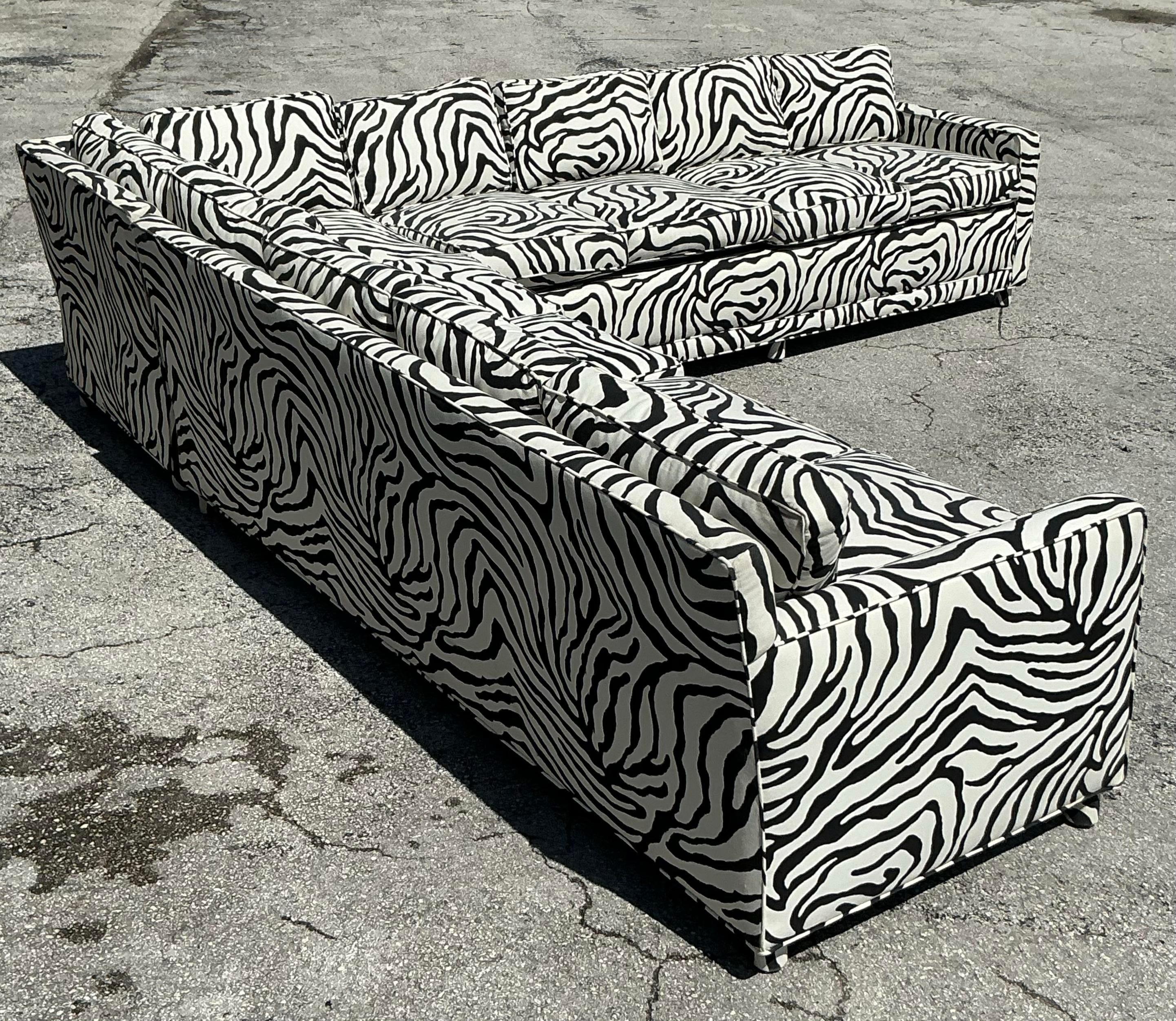 Vintage Boho Zebra Stripe Custom Parsons Sectional Sofa In Good Condition In west palm beach, FL