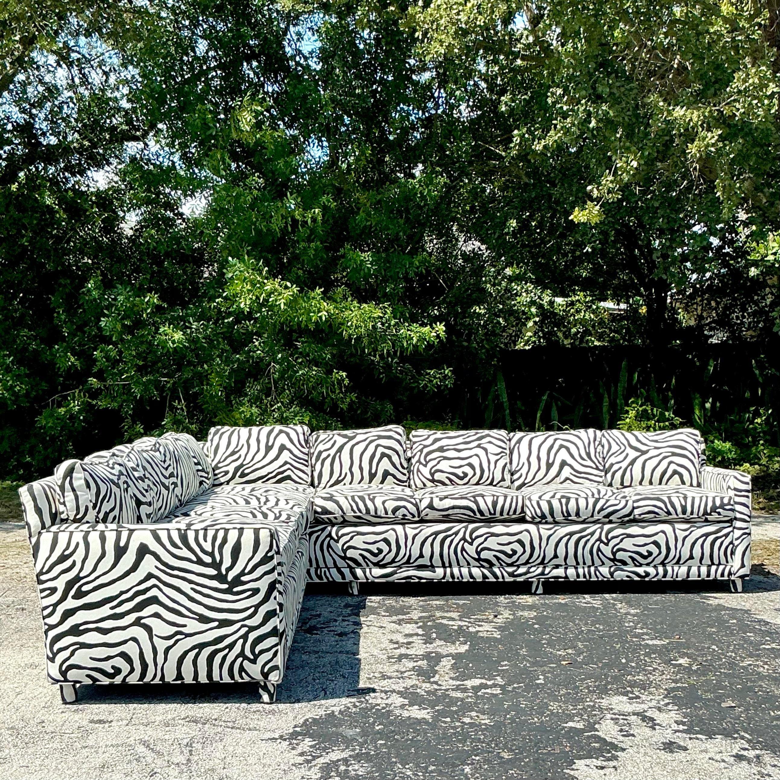 20th Century Vintage Boho Zebra Stripe Custom Parsons Sectional Sofa