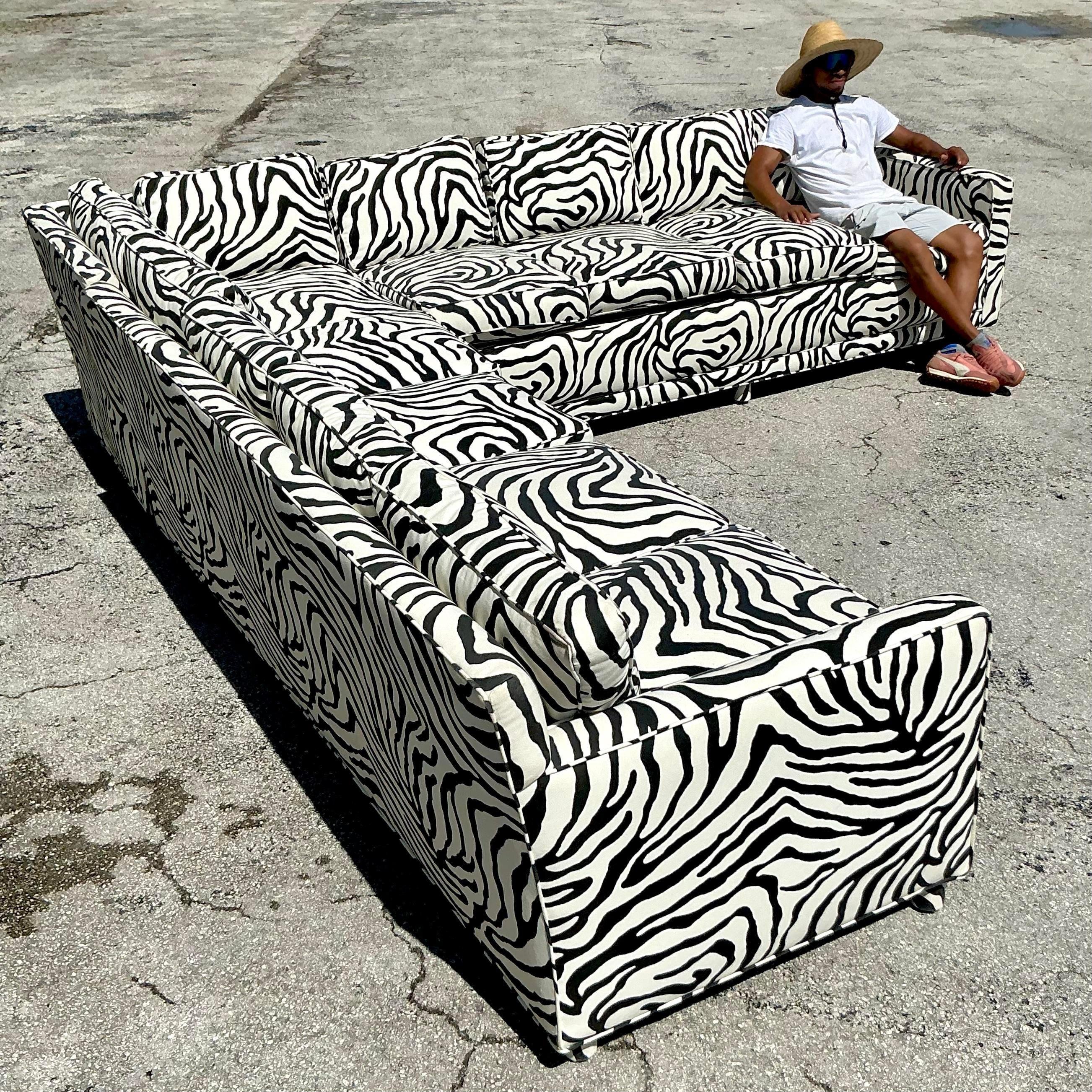 Vintage Boho Zebra Stripe Custom Parsons Sectional Sofa 2