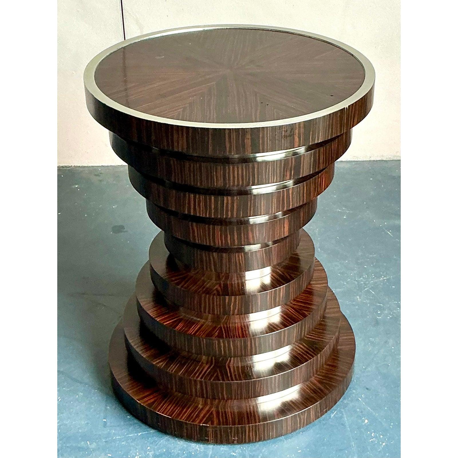 Pedestal de mesa de comedor vintage boho de madera de cebra y cromo Regencia de Hollywood en venta