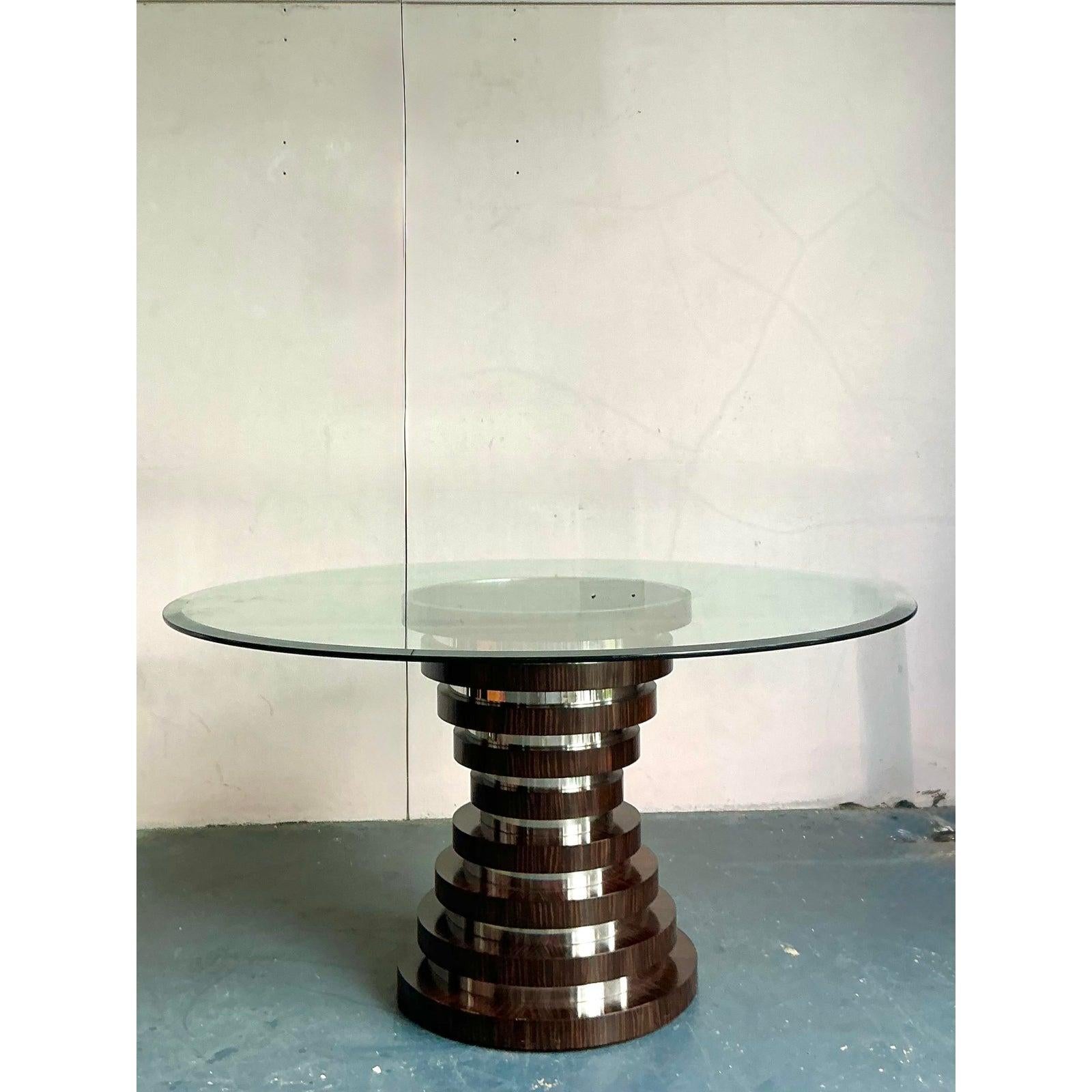 Pedestal de mesa de comedor vintage boho de madera de cebra y cromo siglo XX en venta