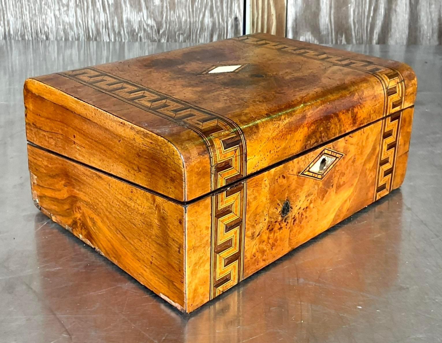 Vintage Boho Zig Zag Inlay Burl Wood Writing Desk Box For Sale 4