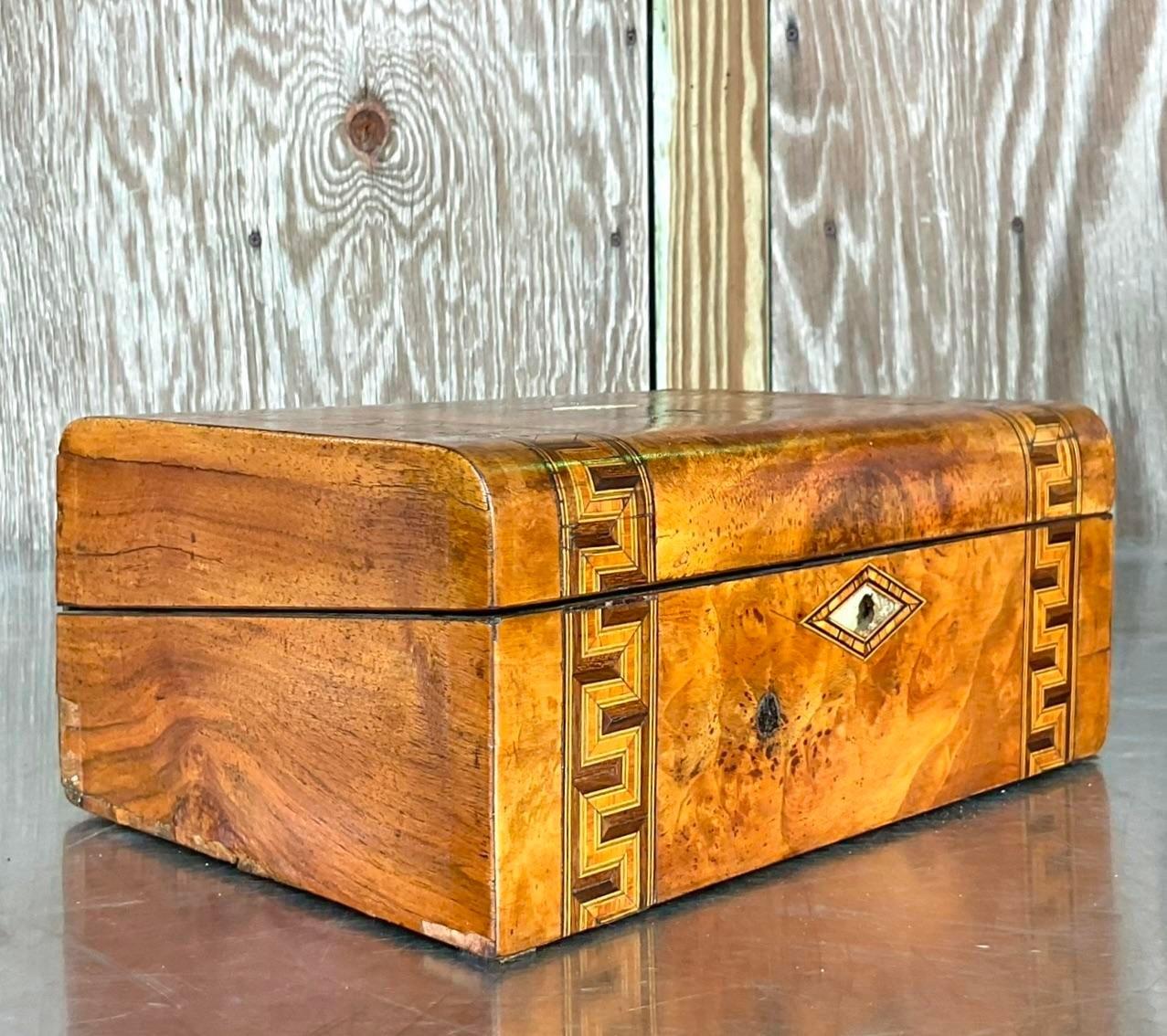British Vintage Boho Zig Zag Inlay Burl Wood Writing Desk Box For Sale