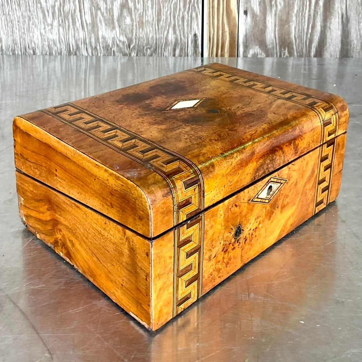 19th Century Vintage Boho Zig Zag Inlay Burl Wood Writing Desk Box For Sale