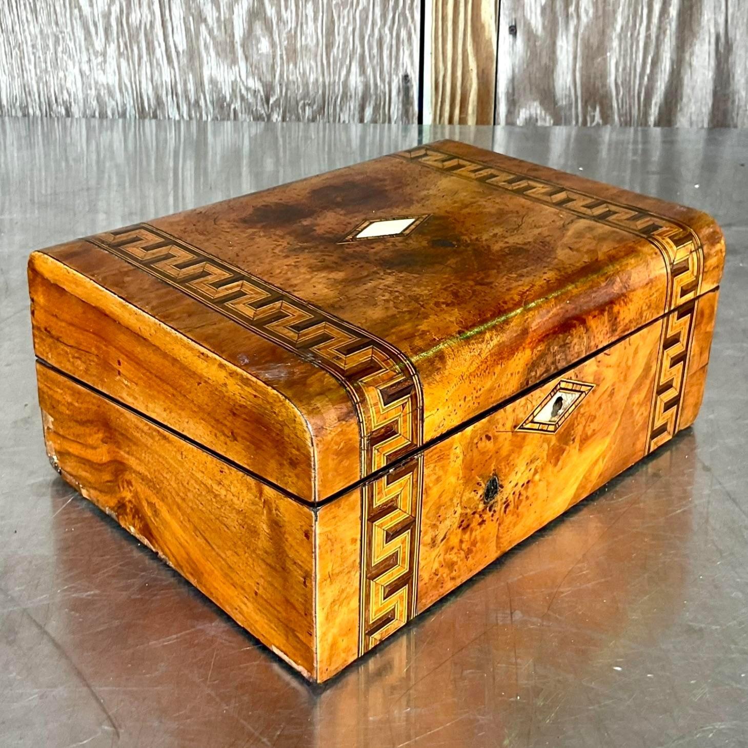 Vintage Boho Zig Zag Inlay Burl Wood Writing Desk Box For Sale 1