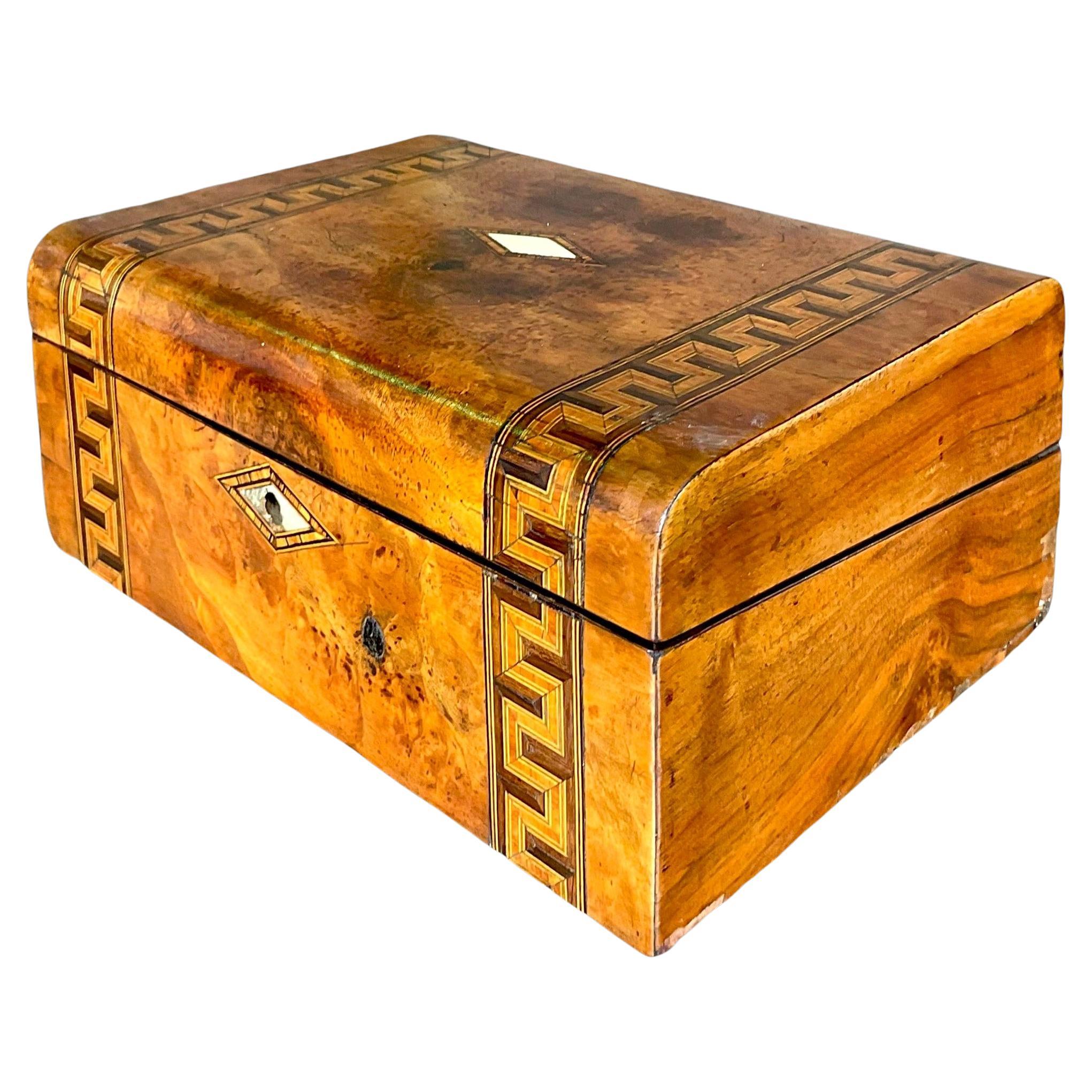 Vintage Boho Zig Zag Inlay Burl Wood Writing Desk Box For Sale