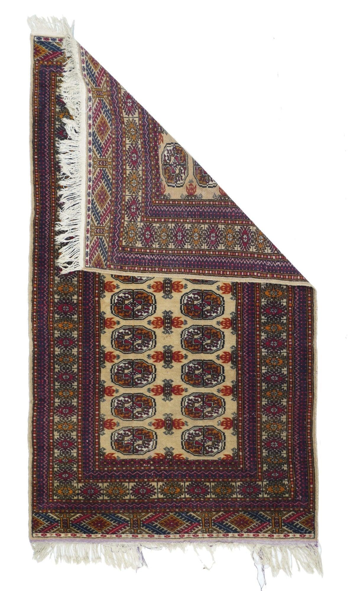 Vintage Bokhara Rug 3'1'' x 5'2''. City in Uzbekistan, Central Asia. Now obsolete term referring to Turkmen, usually Tekke, carpets from the nomadic tribes in Turkmenistan. Today often used to refer to Turkmen-style Pakistani post-WWII rugs. 