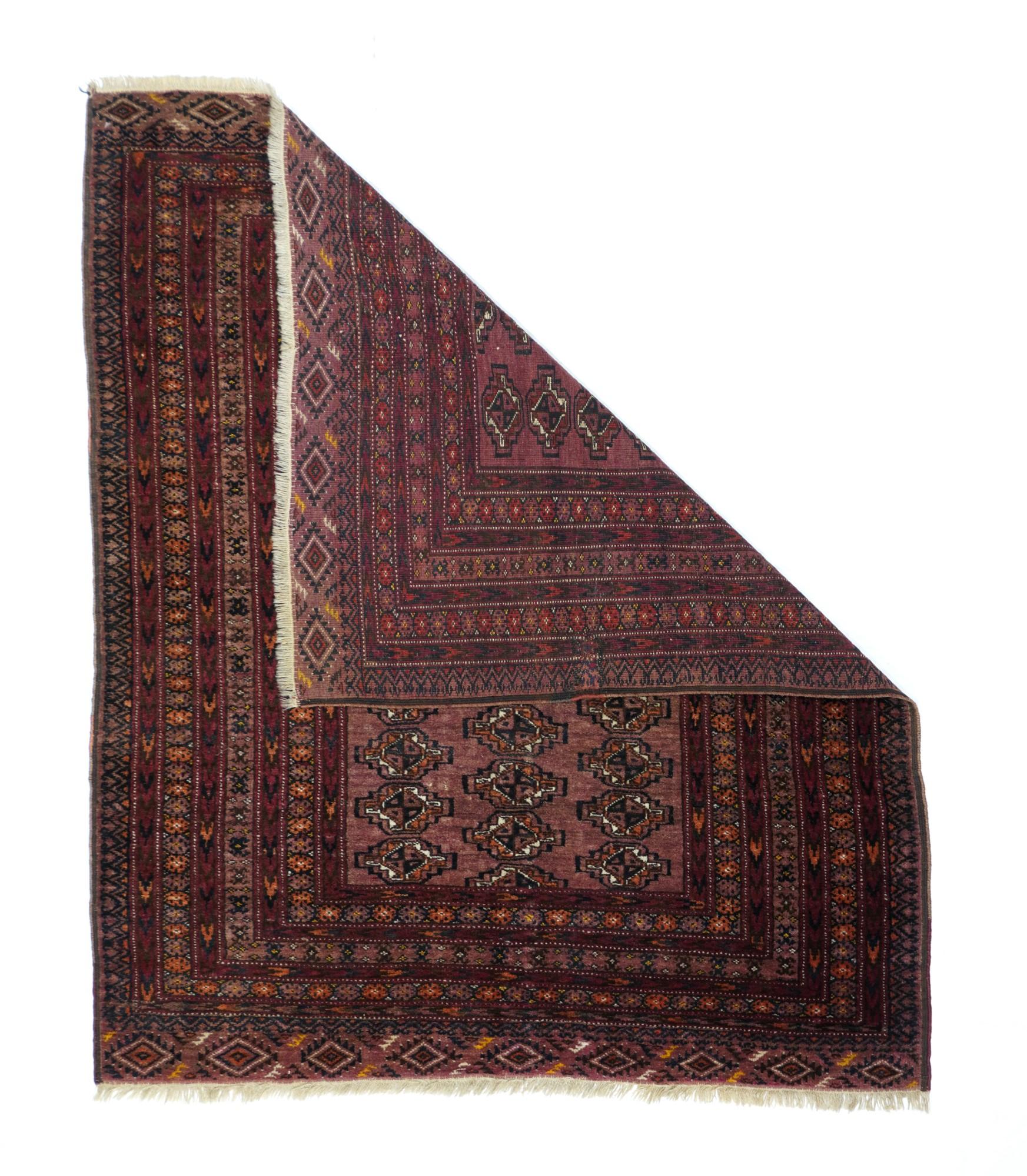 Vintage Bokhara rug measures 3'11'' x 4'9''. This all wool nomadic scatter shows a small red field with three offset columns of flattened, quartered guls, with a system of eight patterned borders including four with chevrons. Elem's (extra end