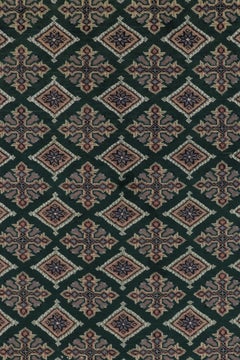 Vintage Bokhara Rug in Forest Green with Pink Geometric Patterns - Rug & Kilim