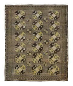 Alfombra vintage de Bujará en verde con un llamativo diseño geométrico de octógonos en forma de cuadrícula - Rug & Kilim