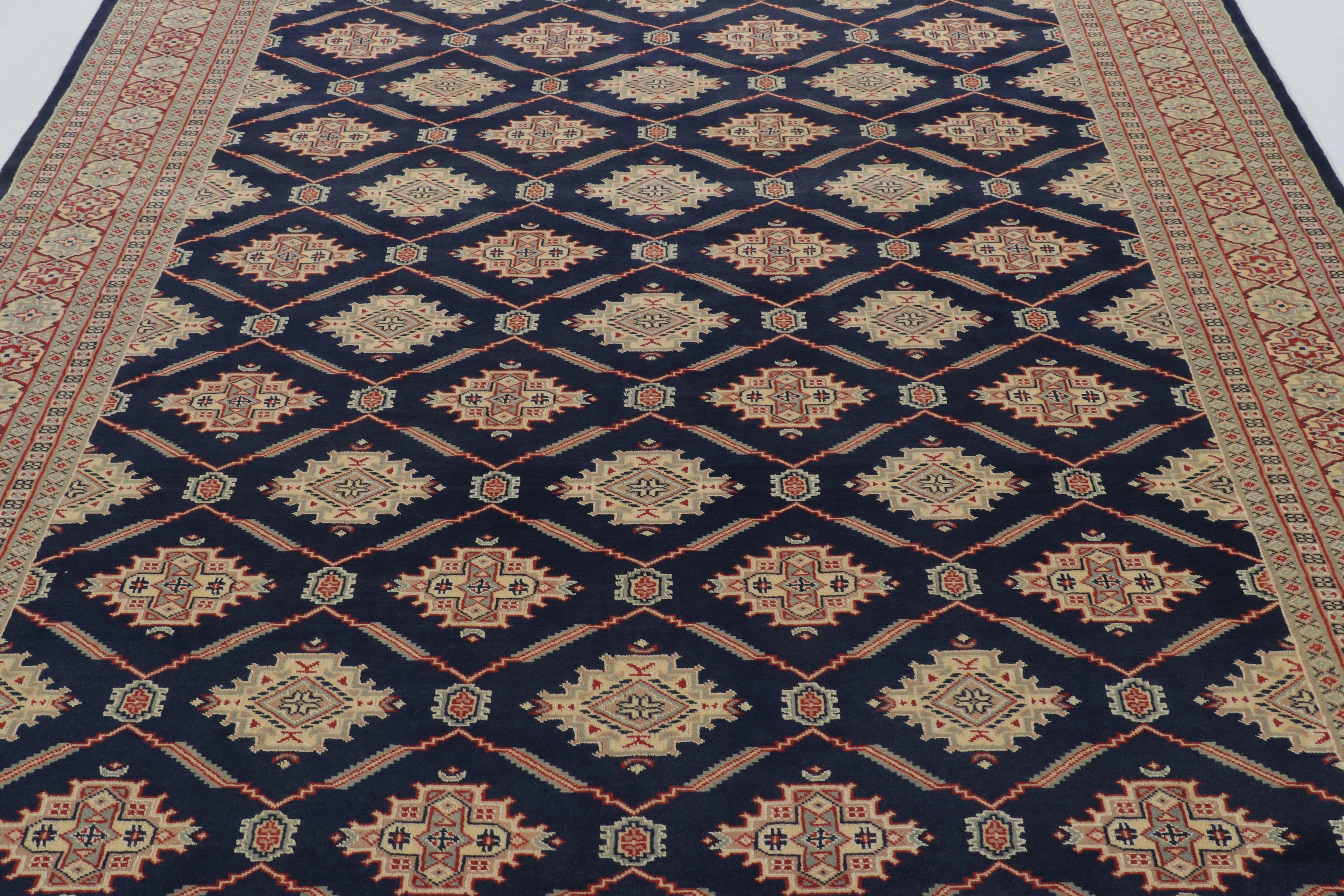 Annodato a mano Tappeto vintage Bokhara blu navy con motivi geometrici beige - Rug & Kilim in vendita
