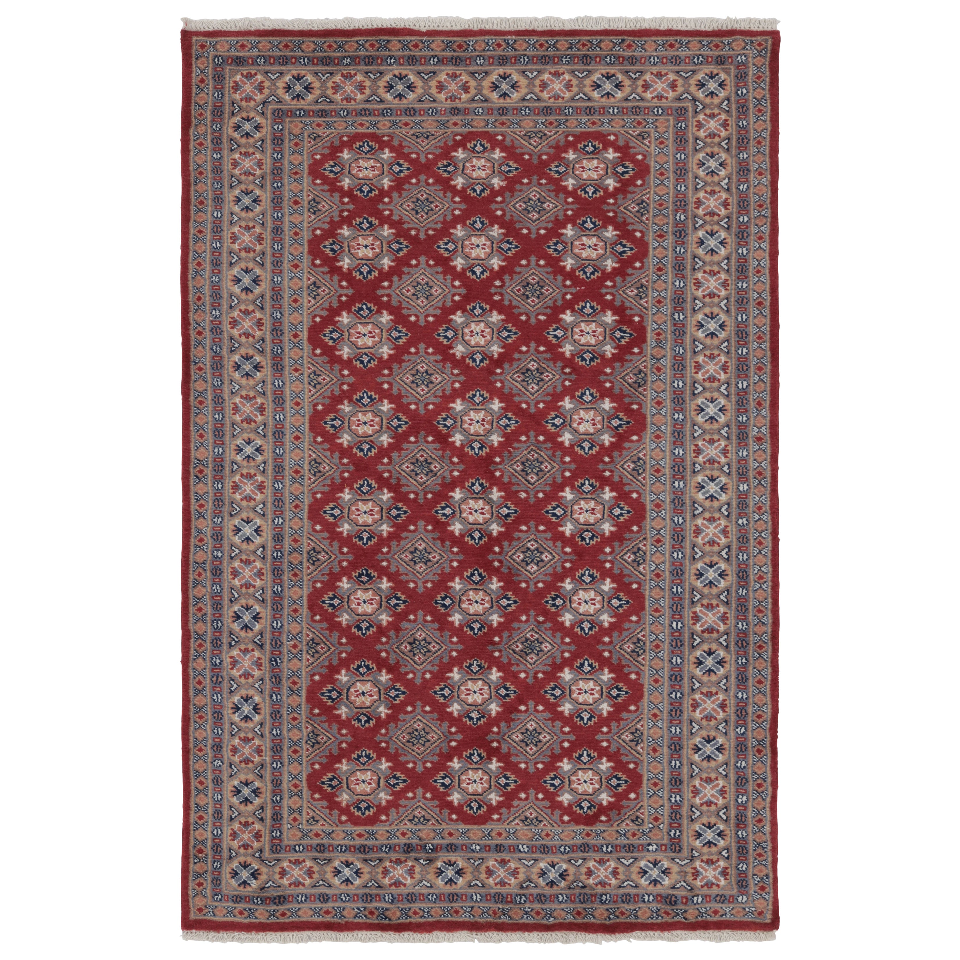 Vintage Bokhara Rug in Rich Red with Tan Geometric Patterns - Rug 
Kilim For Sale