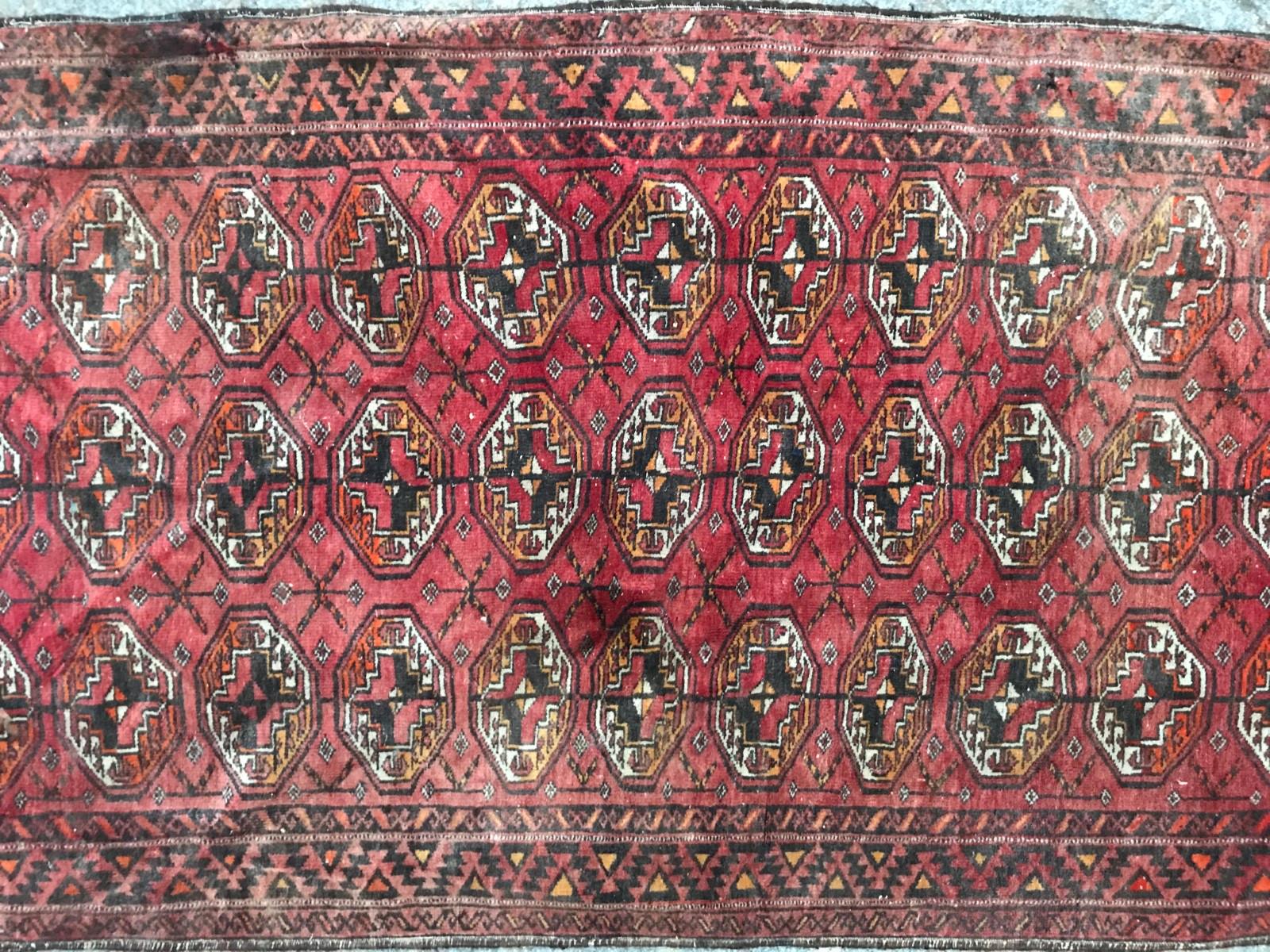 Origin: Turkmenistan
Style: Tribal
Age: Middle of 20th century
Materials: Wool velvet on cotton foundations
Fabrication: Hand knotted
Conditions: little fading and wears 
 