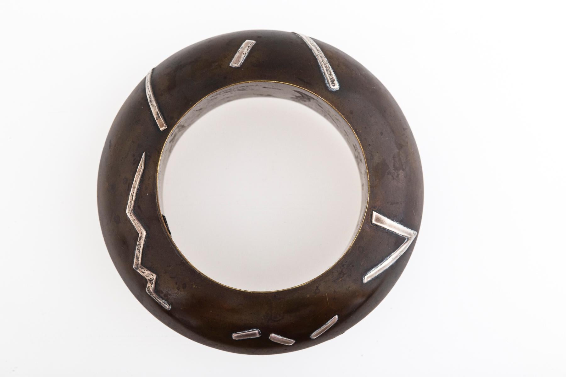 Women's or Men's Vintage Bold Artisan Brass and Silver Lightening Cuff For Sale