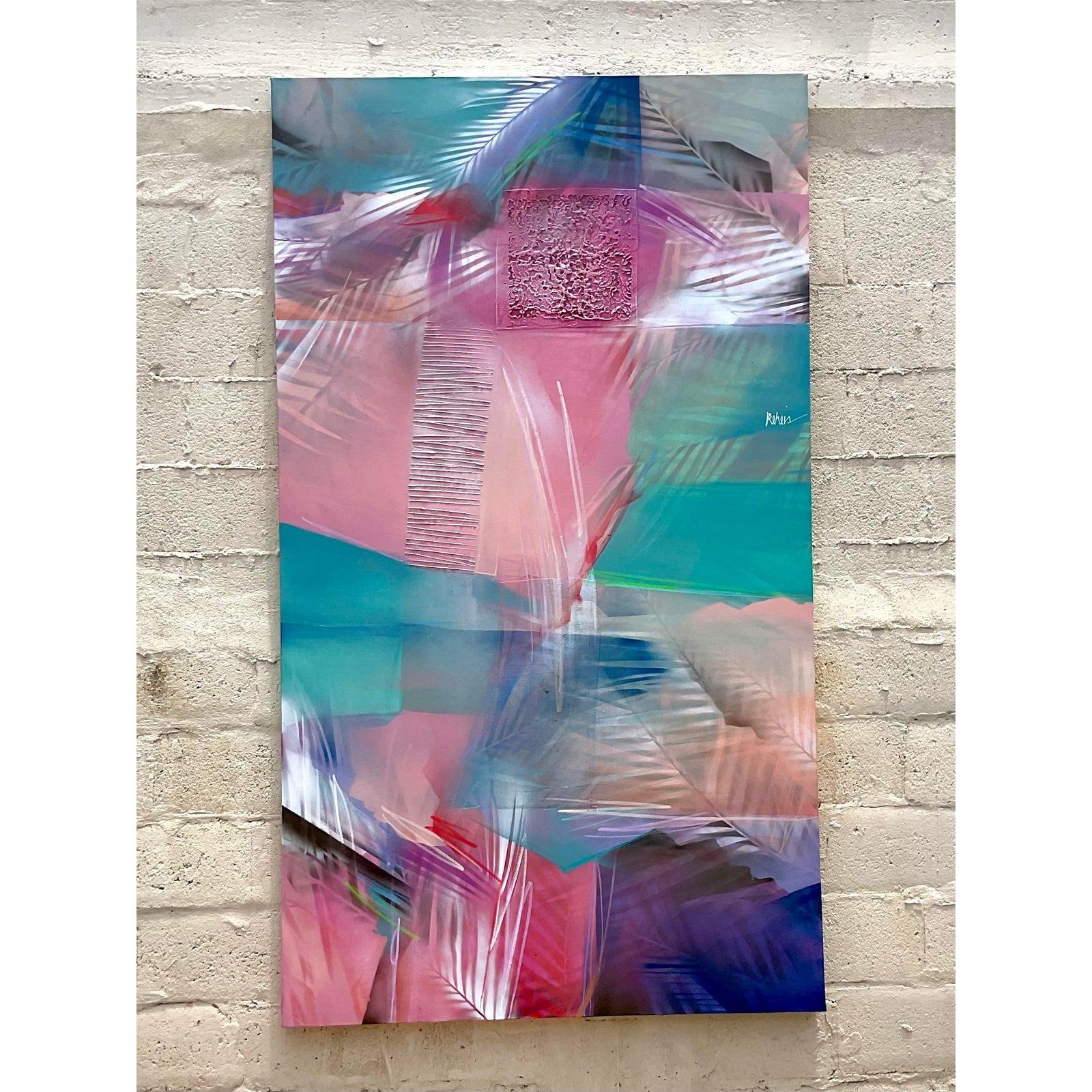 Vintage Bold Colorful Abstract Painting In Good Condition For Sale In west palm beach, FL