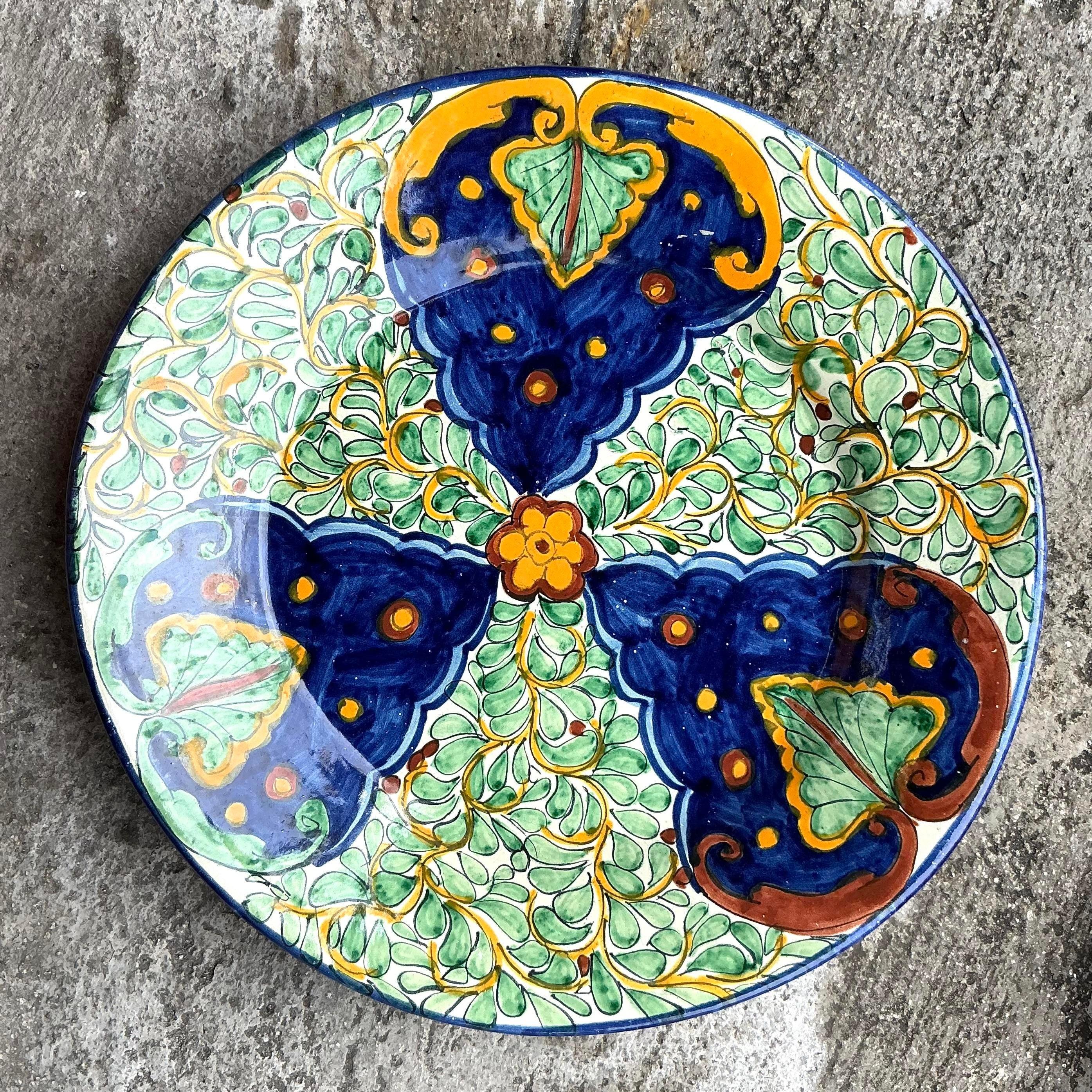 Rustic Vintage Bon Hand Painted Glazed Ceramic Platter For Sale