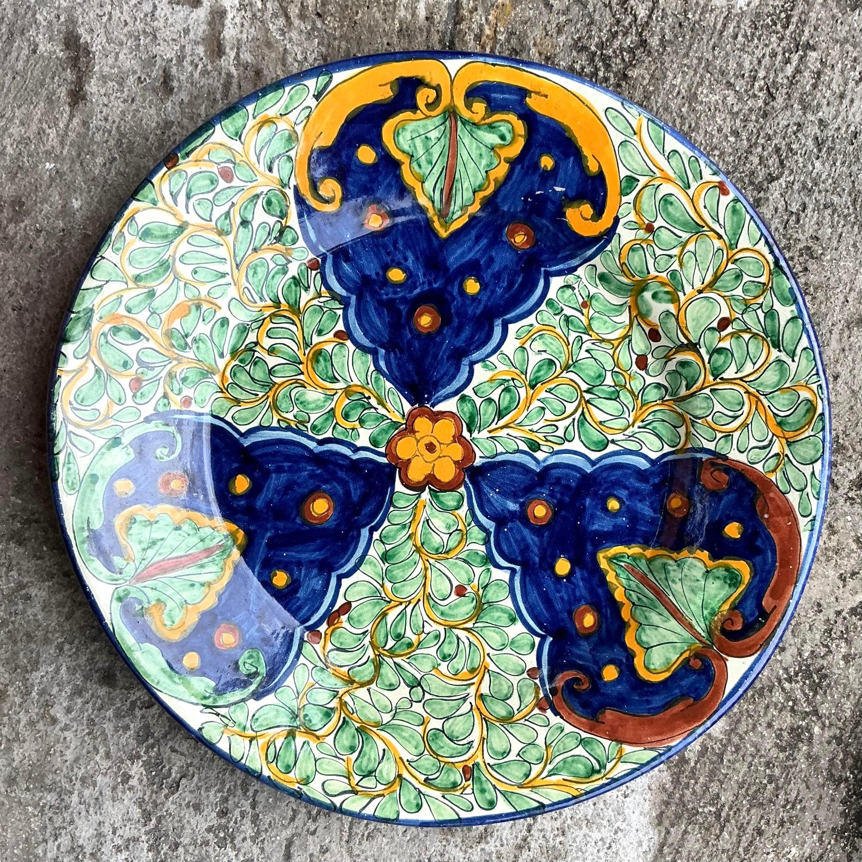 Vintage Bon Hand Painted Glazed Ceramic Platter In Good Condition For Sale In west palm beach, FL