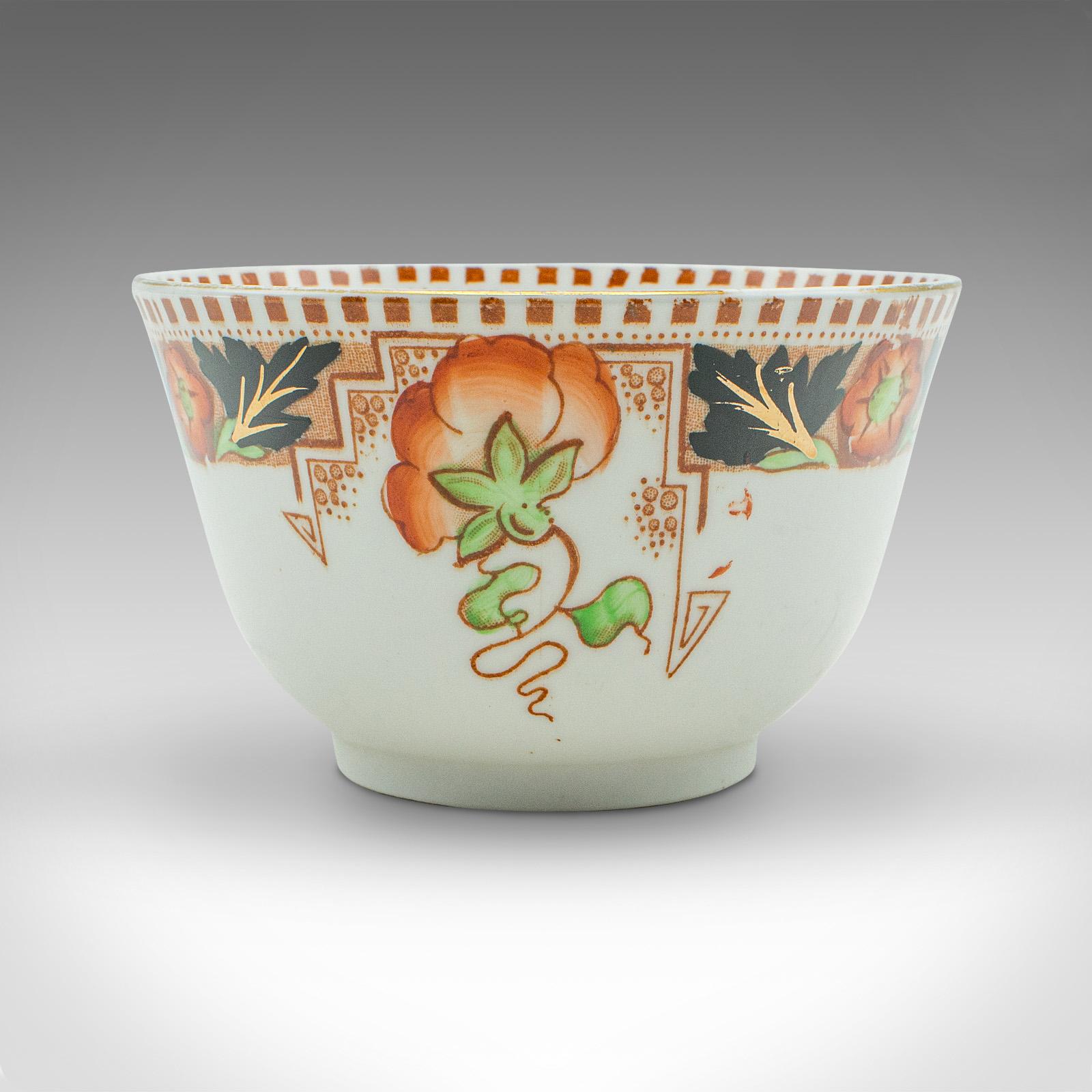 
This is a vintage bonbon bowl. An English, ceramic confectionary or sugar dish, dating to the mid 20th century, circa 1940.

Attractive small bowl with a distinctive pattern
Displaying a desirable aged patina and in good order
Bone china presents a