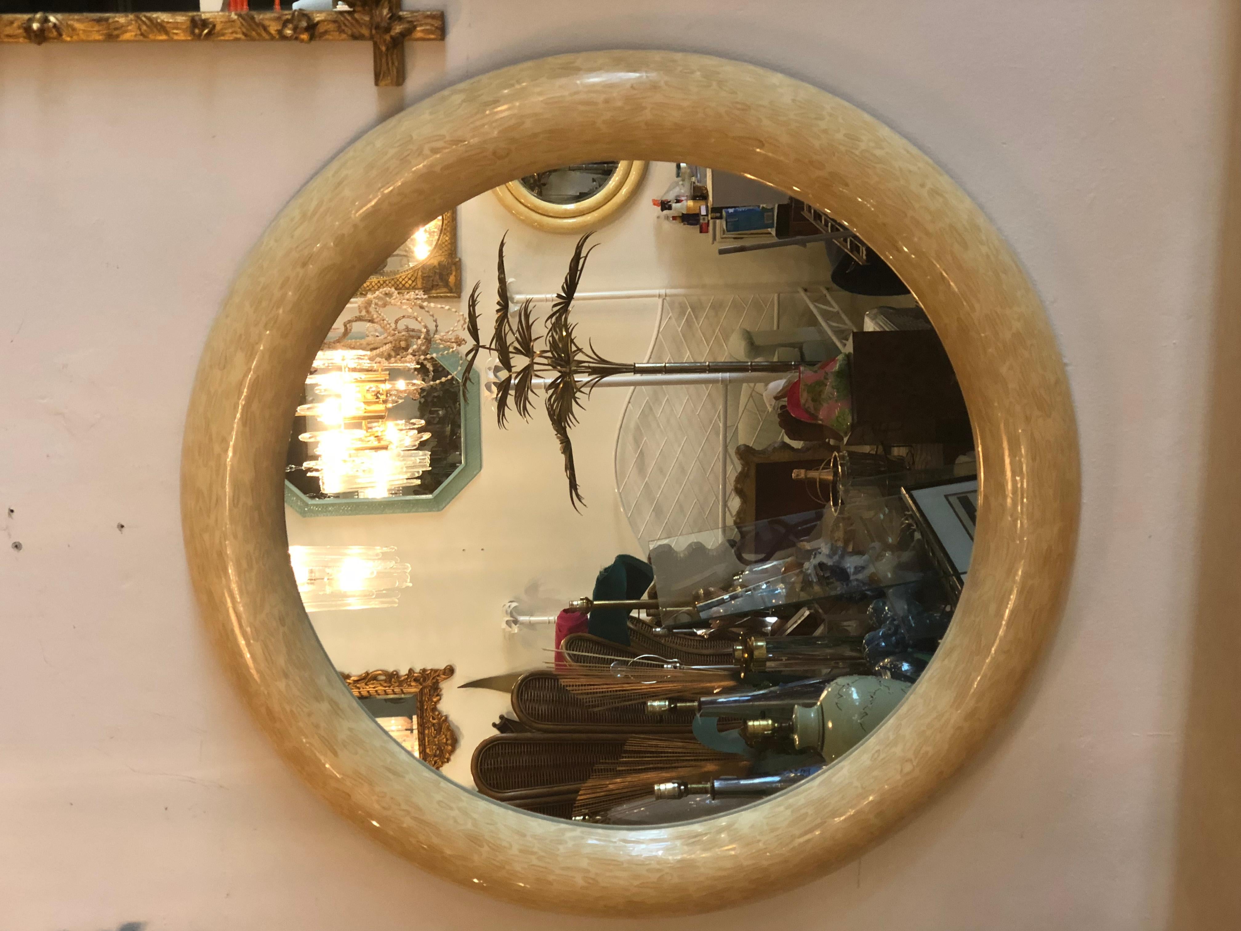 Vintage antler bone console table and round mirror with brass accents. Brass was left original and not polished but can be if desired.
Mirror is 48” diameter x 3” deep.