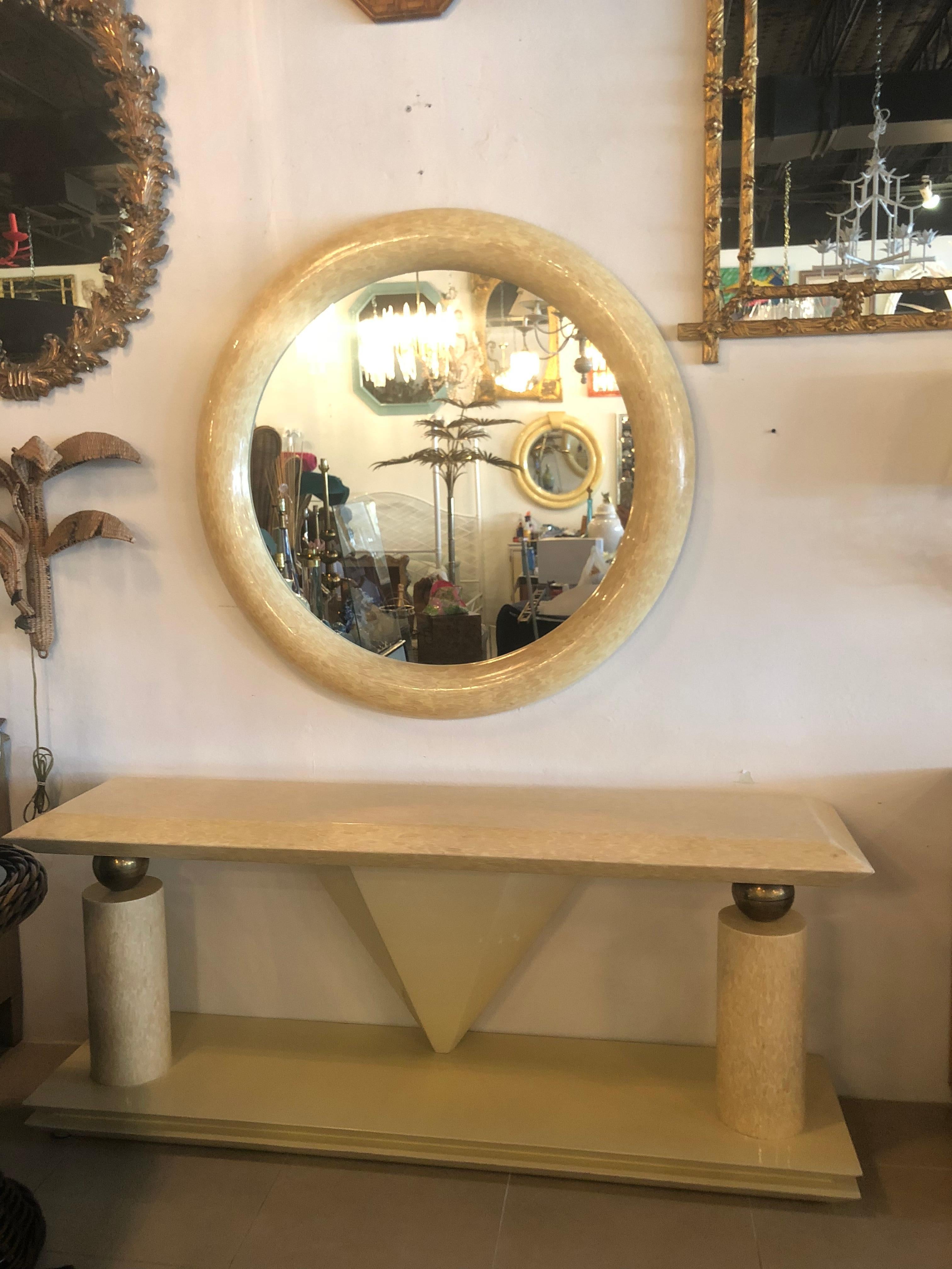 Colombian Vintage Bone and Brass Console Table and Round Mirror Style of Enrique Garcel