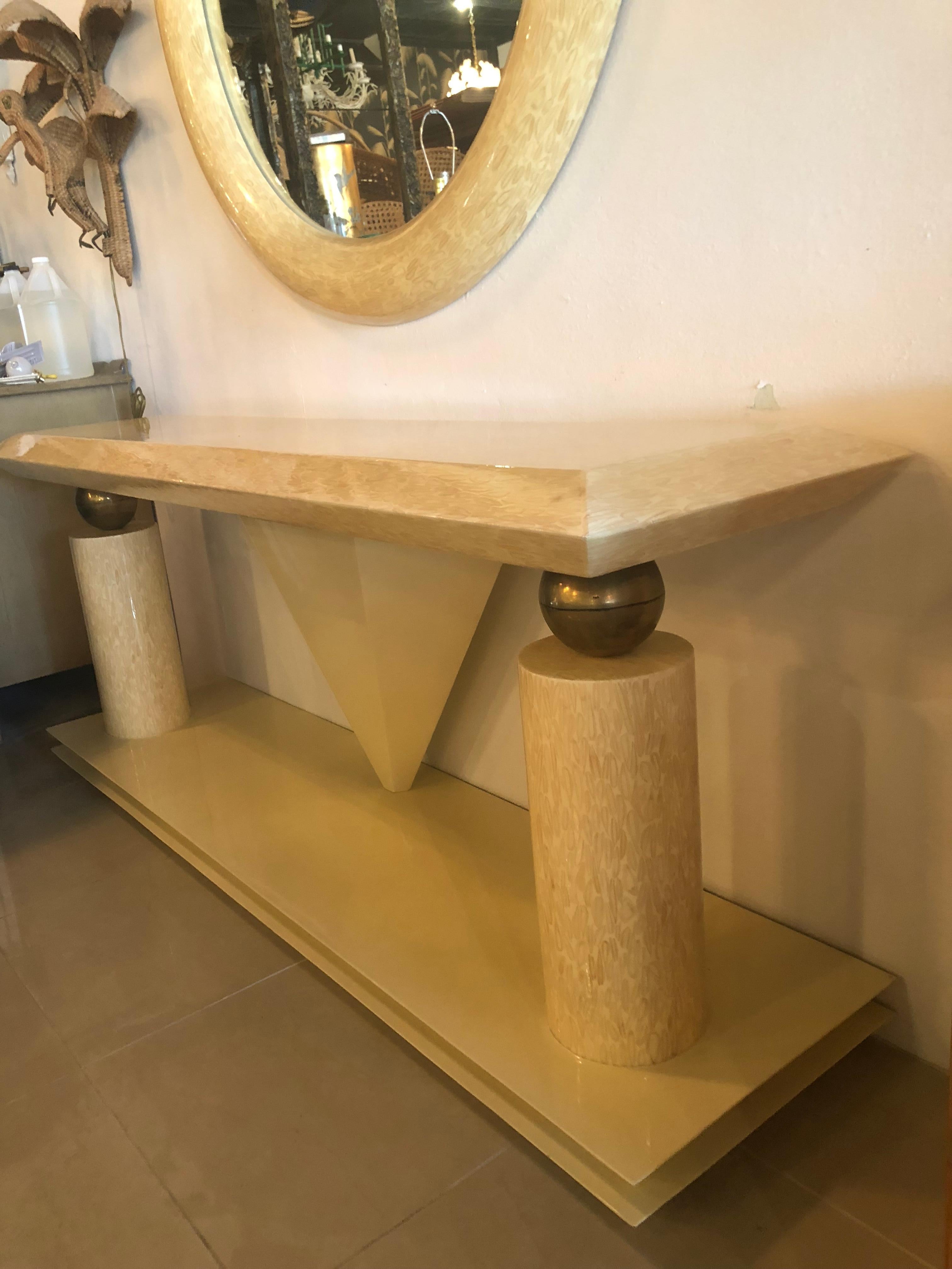 Vintage Bone and Brass Console Table and Round Mirror Style of Enrique Garcel In Good Condition In West Palm Beach, FL