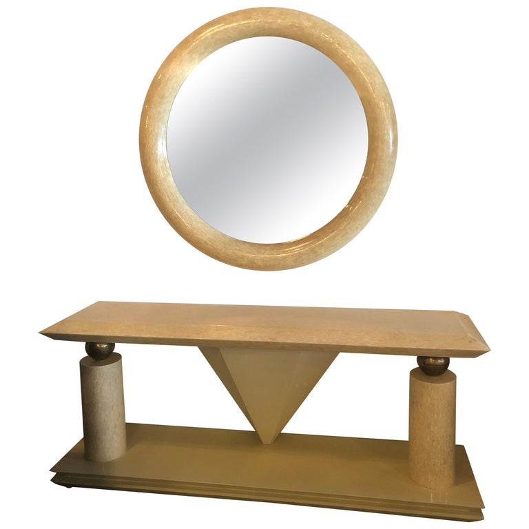 Vintage Bone and Brass Console Table and Round Mirror Style of Enrique