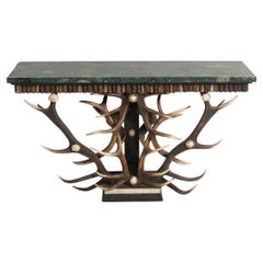 Console et miroir vintage en os, bois, corne et marbre, années 1970