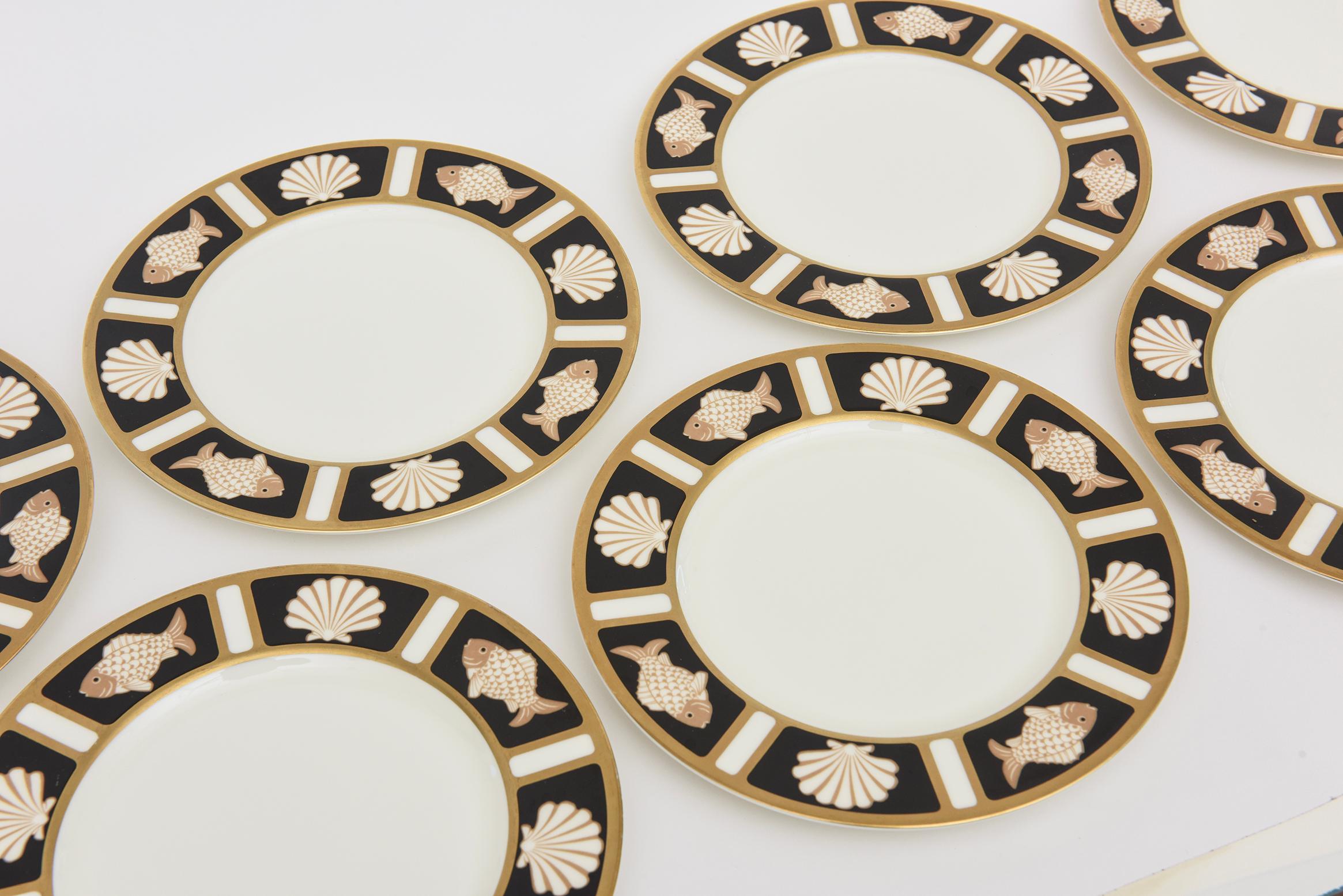 Mid-Century Modern Vintage Bone China Narumi Fish And Shell Motif Serving Plates Set of Eight  For Sale