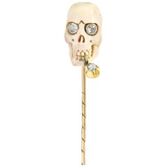 Vintage Bone Diamond 18 Karat Gold Smoking Skull Stickpin